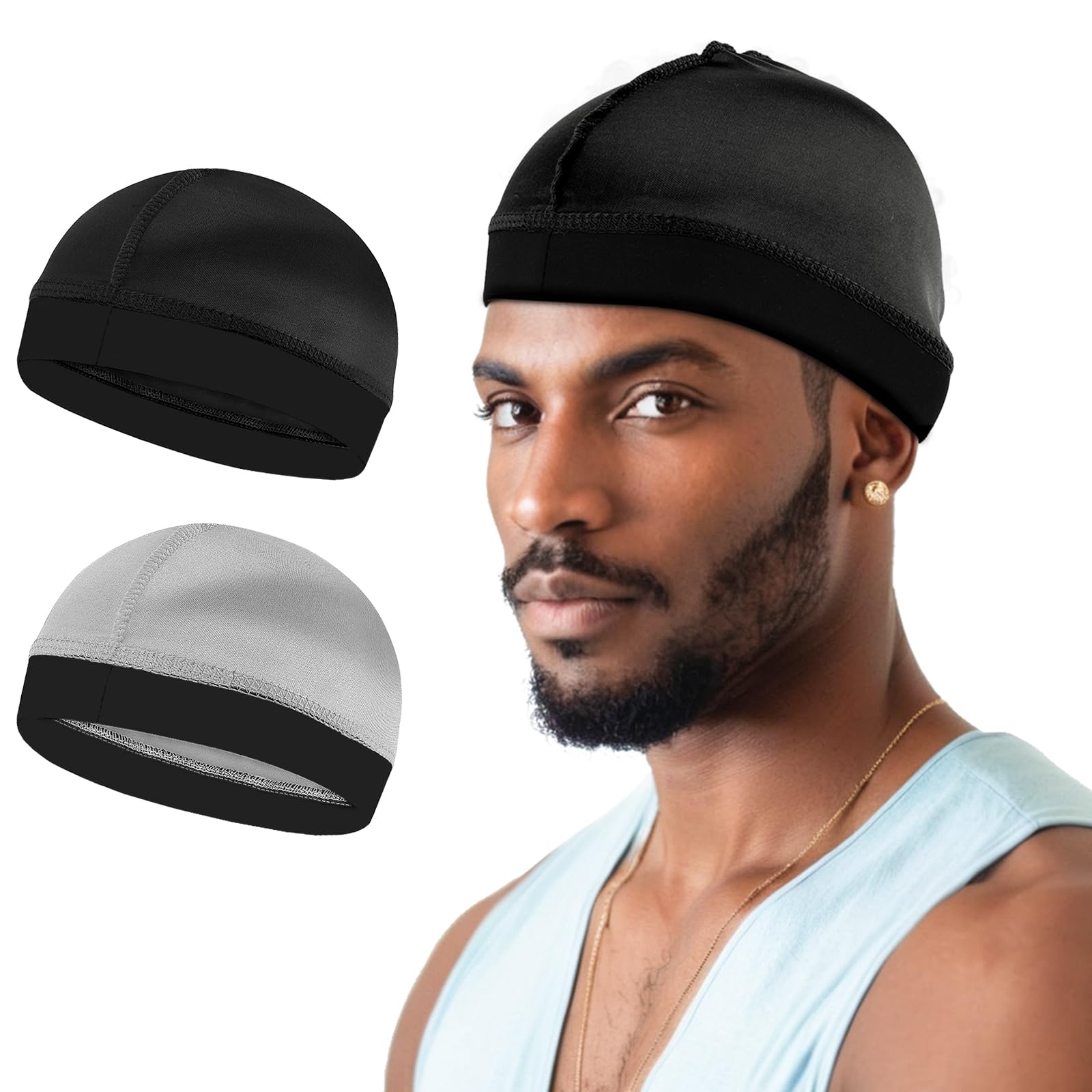 2Pcs Wave Cap Silky Stocking Wave Caps for Men, Good Compression Over Durag(Black+Silver)