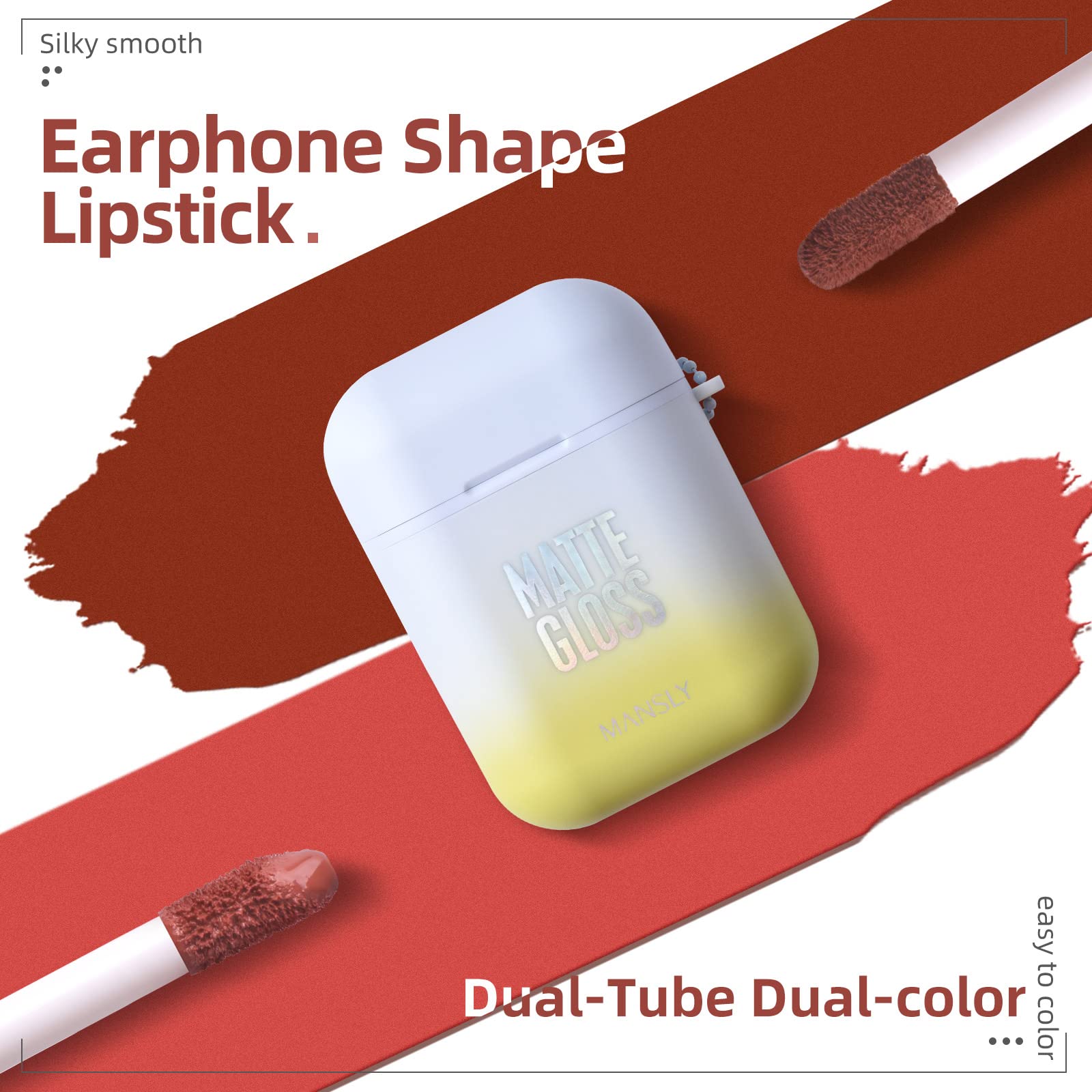 Lamuseland Matte Lipstick Set, 2Pc/Set Waterproof Long Lasting Velvet Moisturizing Lip Stain Earphone Dual-Color Lip Gloss Prime