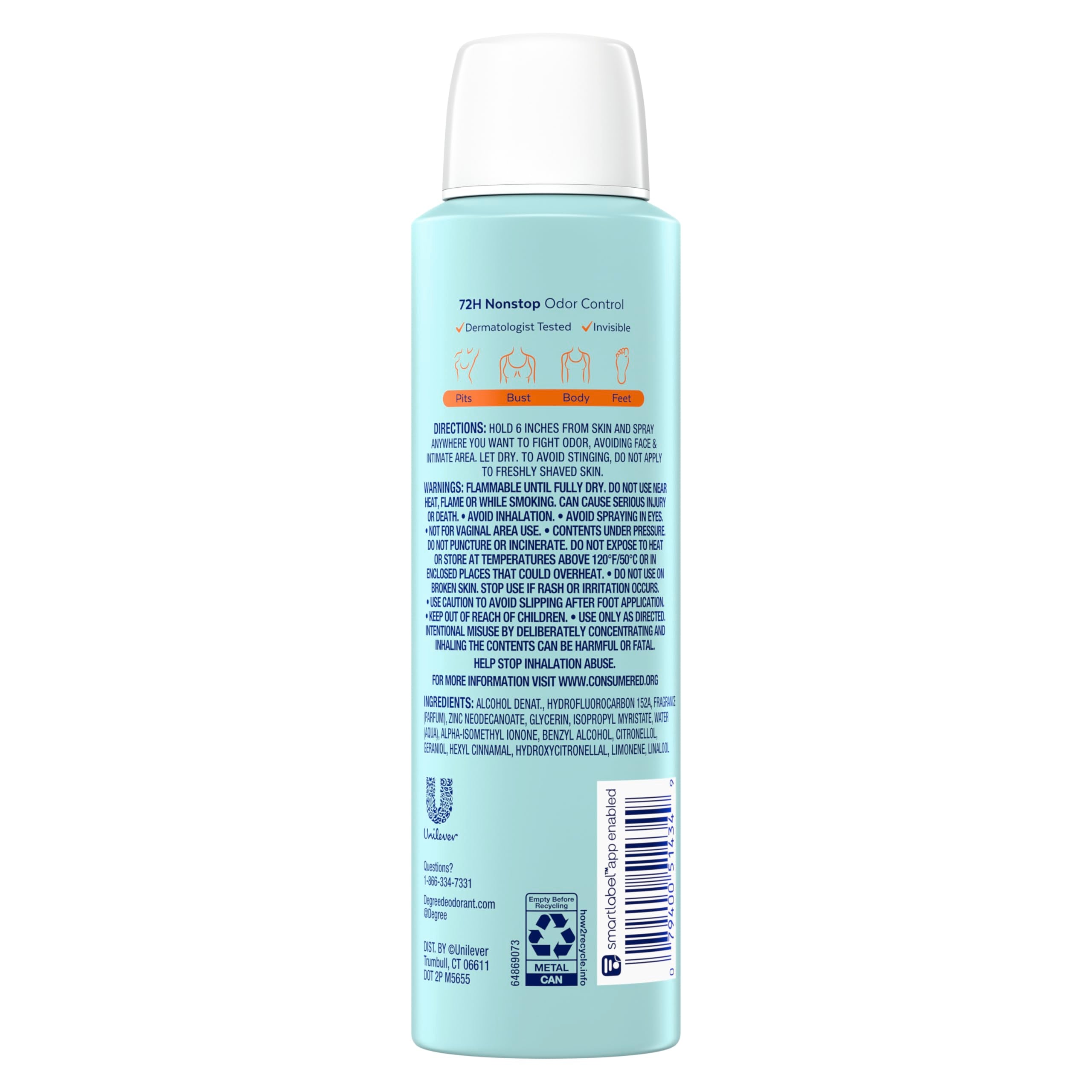 Degree Whole Body Deodorant Fresh Citrus Spray for Women Aluminum Free 72H Odor Protection, 4 oz