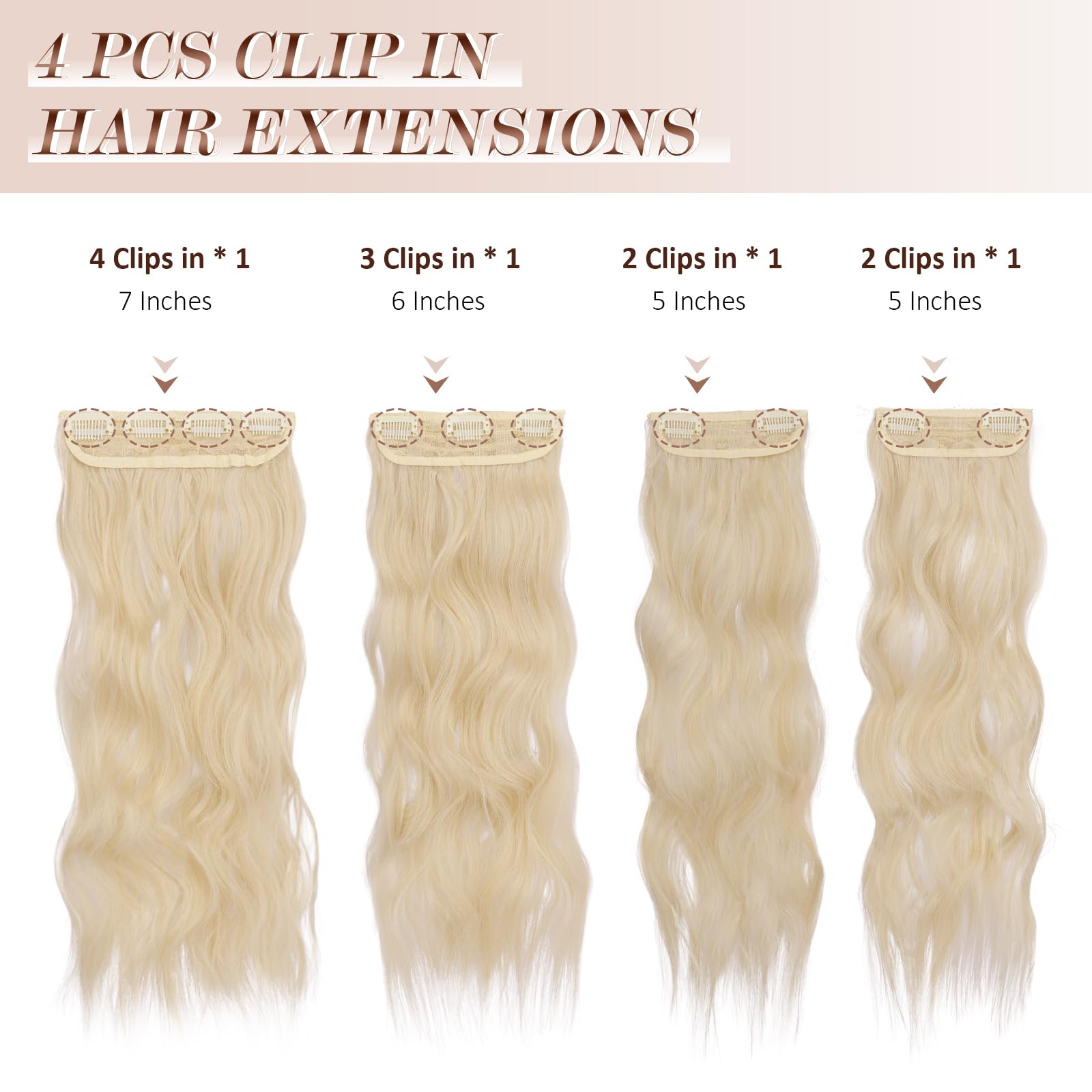 FESHFEN Clip in Hair Extensions 4 PCS Platinum Blonde Thick Highlighted Hairpieces Long Wavy Clip in Hair Piece Full Head Synthe