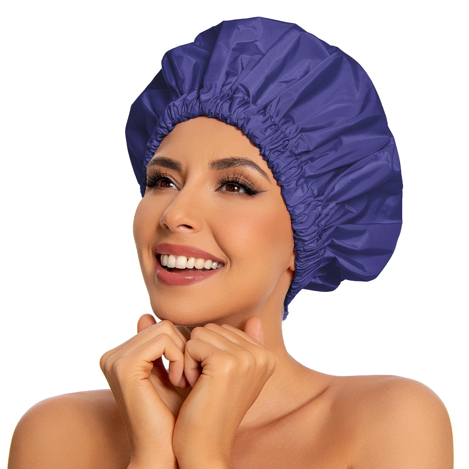 Shower Cap For Women, Reusable Large Waterproof Shower Bonnet Washable Elastic Band Bath Hair Hat For Long Hair, Braids(Dark Blu