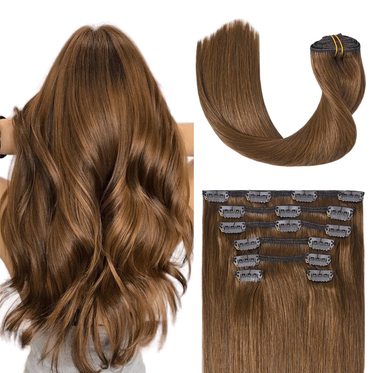 UGOTRAYS Light Brown Hair Extensions Clip in Human Hair 22 Inch 70g 7pcs Remy Hair Silky Straight 16clips One Pack #6 Chestnut B
