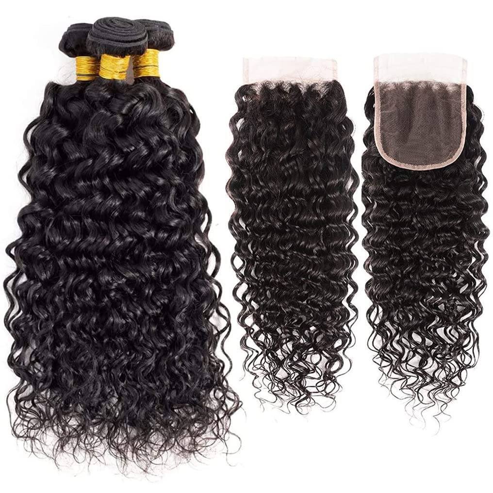 Bundles With Closure Human Hair (22 24 26+20, Free Part) Water Wave 3 Bundles Human Hair With Closure 10A Brazilian Virgin Human