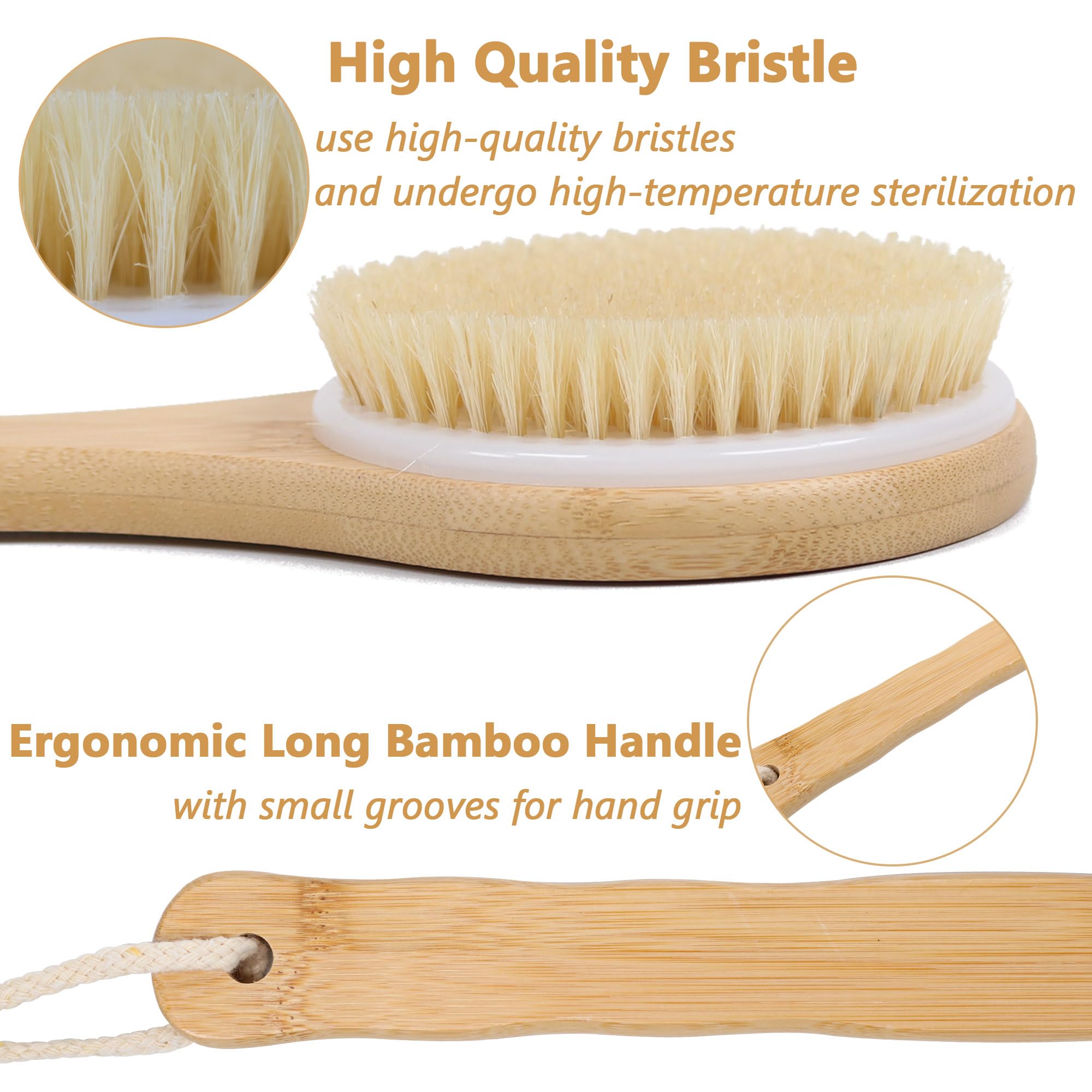 Owiizi Back Scrubber Brush For Shower, Round Head Bristle Body Large Area Deep Cleanse Bath Brushes, Bamboo Long Handle Skin Exf