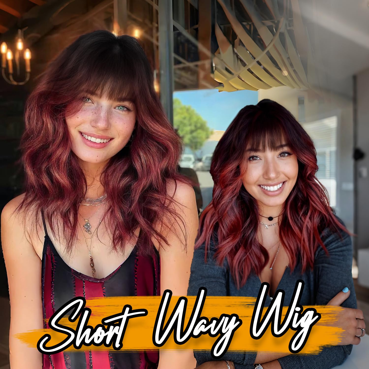 Aisi Hair Synthetic Wavy Curly Bob Wig With Bangs Ombre Dark Red Wig Short Bob Wavy Hair Wigs For Women Synthetic Heat Resistant