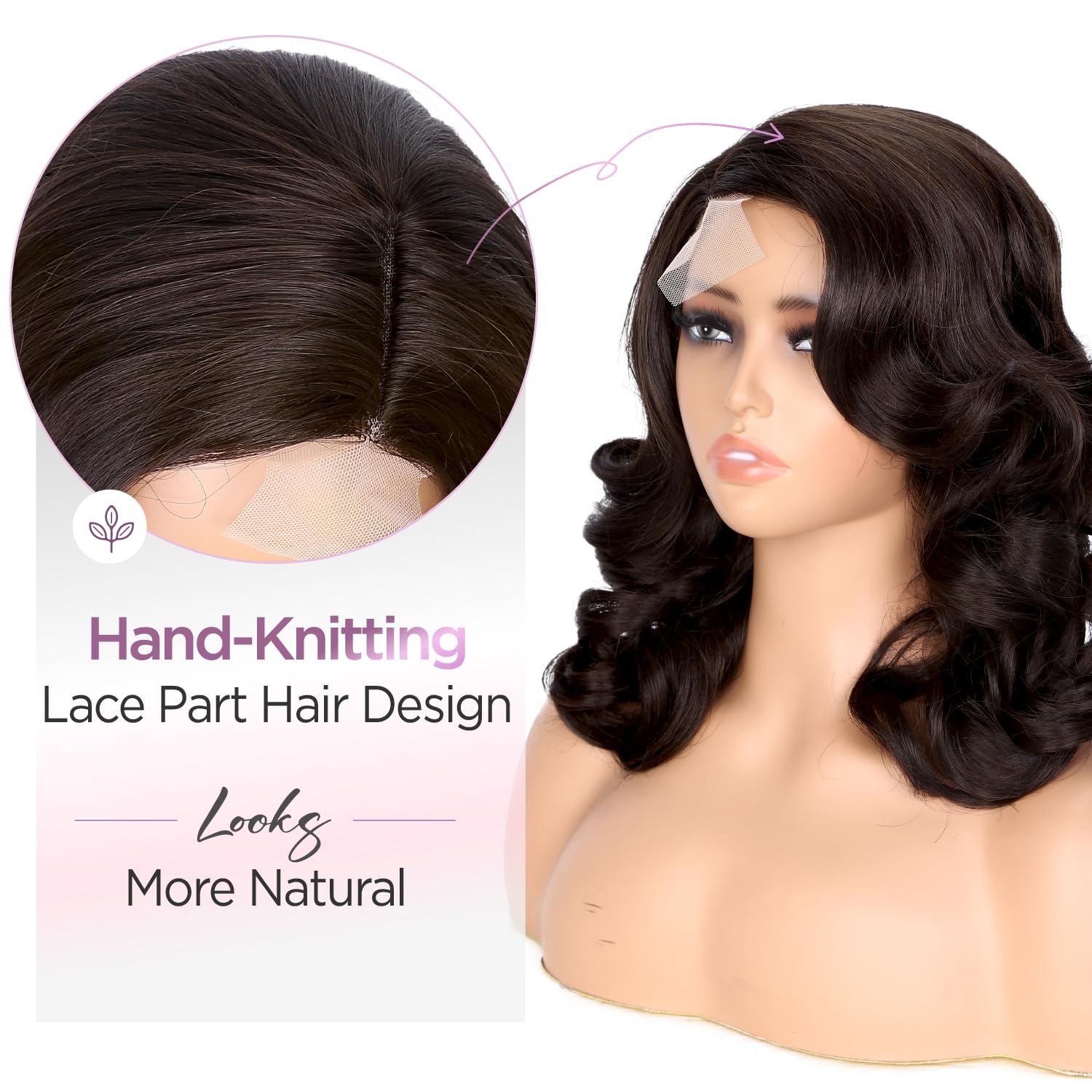 Wiger Short Wavy Wigs For Women Chocolate Brown Loose Wave Bob Hair Wig 14 Inch Side Part Shoulder Length Glueless Lace Part Hai