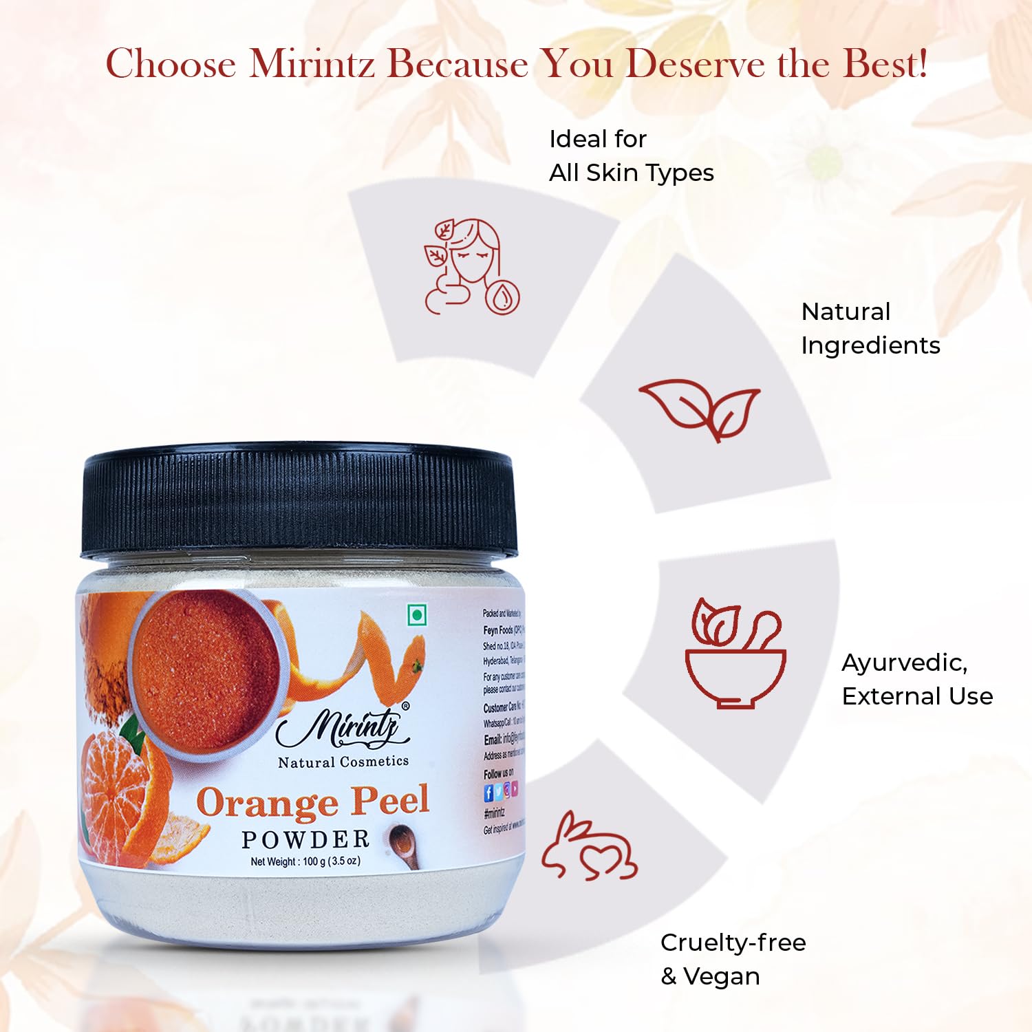 Mirintz Orange Peel Powder, 100 g| Face Pack, Facial Mask and Scrub | Natural| Skin Cleansing | Wrinkles| Citrus Aurantium |Chem