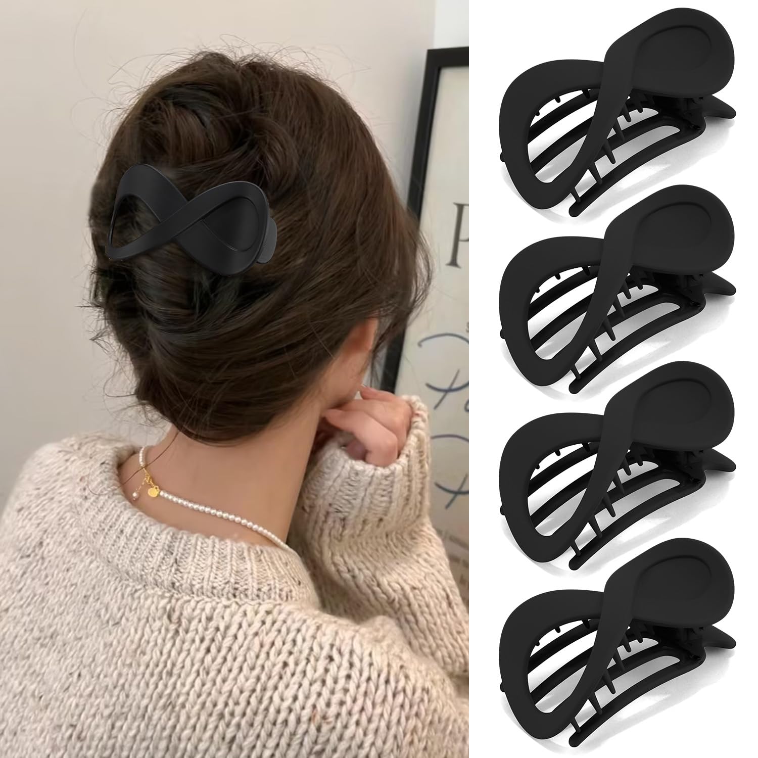 Atoden Black Flat Hair Clips for Thin Hair 4Pcs French Concord Hair Clips 3.4'' Lay Down Flat Hair Claw Clips for Medium Thick H