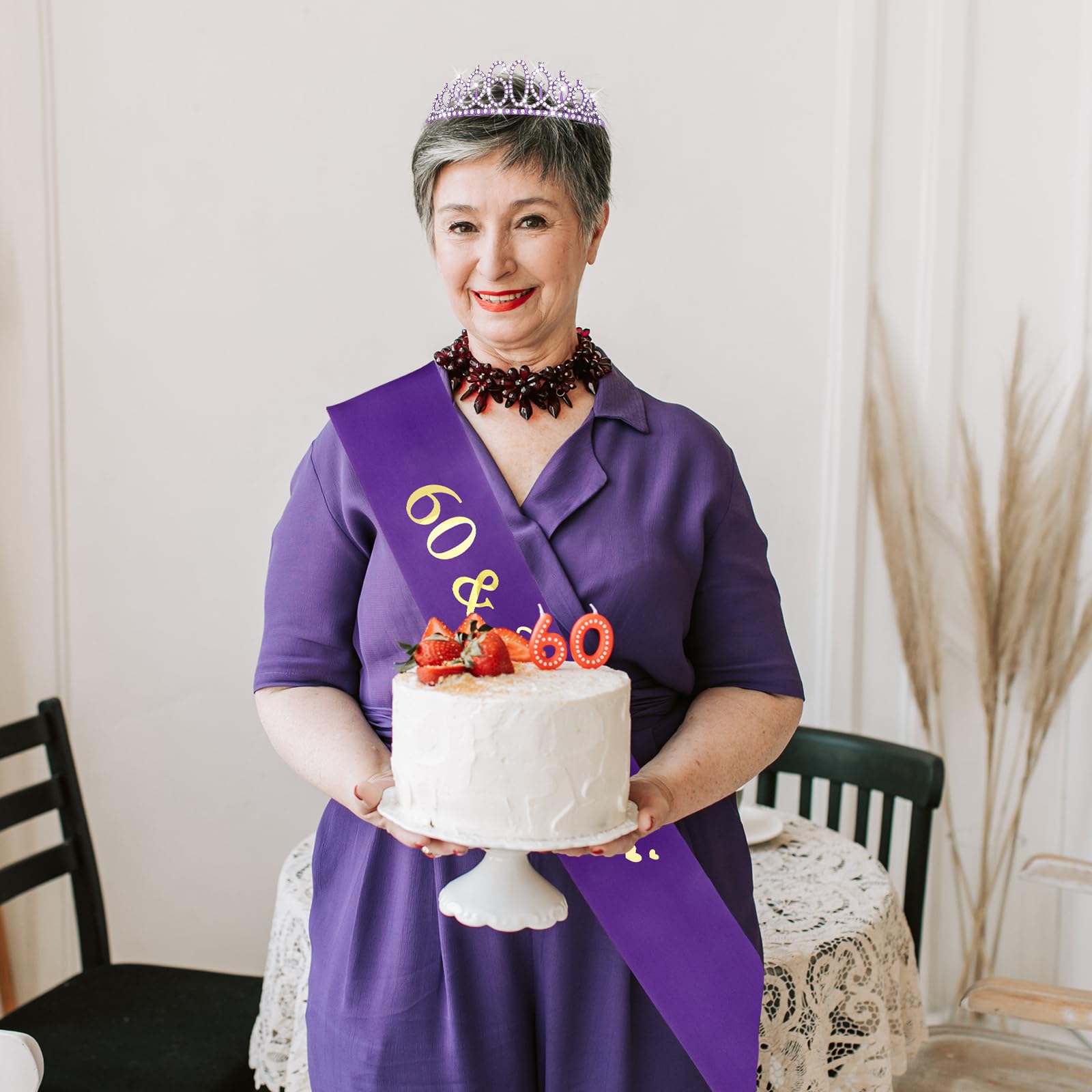 Cieher 60Th Birthday Gifts For Women, Purple 60Th Birthday Crown + 60 & Fabulous Birthday Sash, Purple 60Th Birthday Decorations