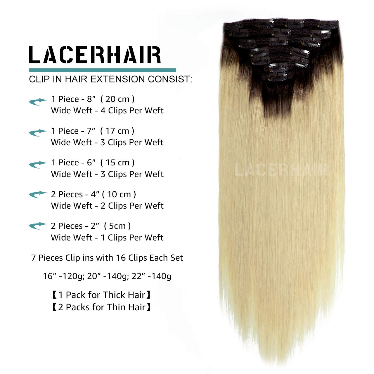 Lacer Blonde Clip In Hair Extensions Platinum Blonde With Dark Brown Roots Human Hair Extensions Clip Ins 16 Inch 7Pcs 120G
