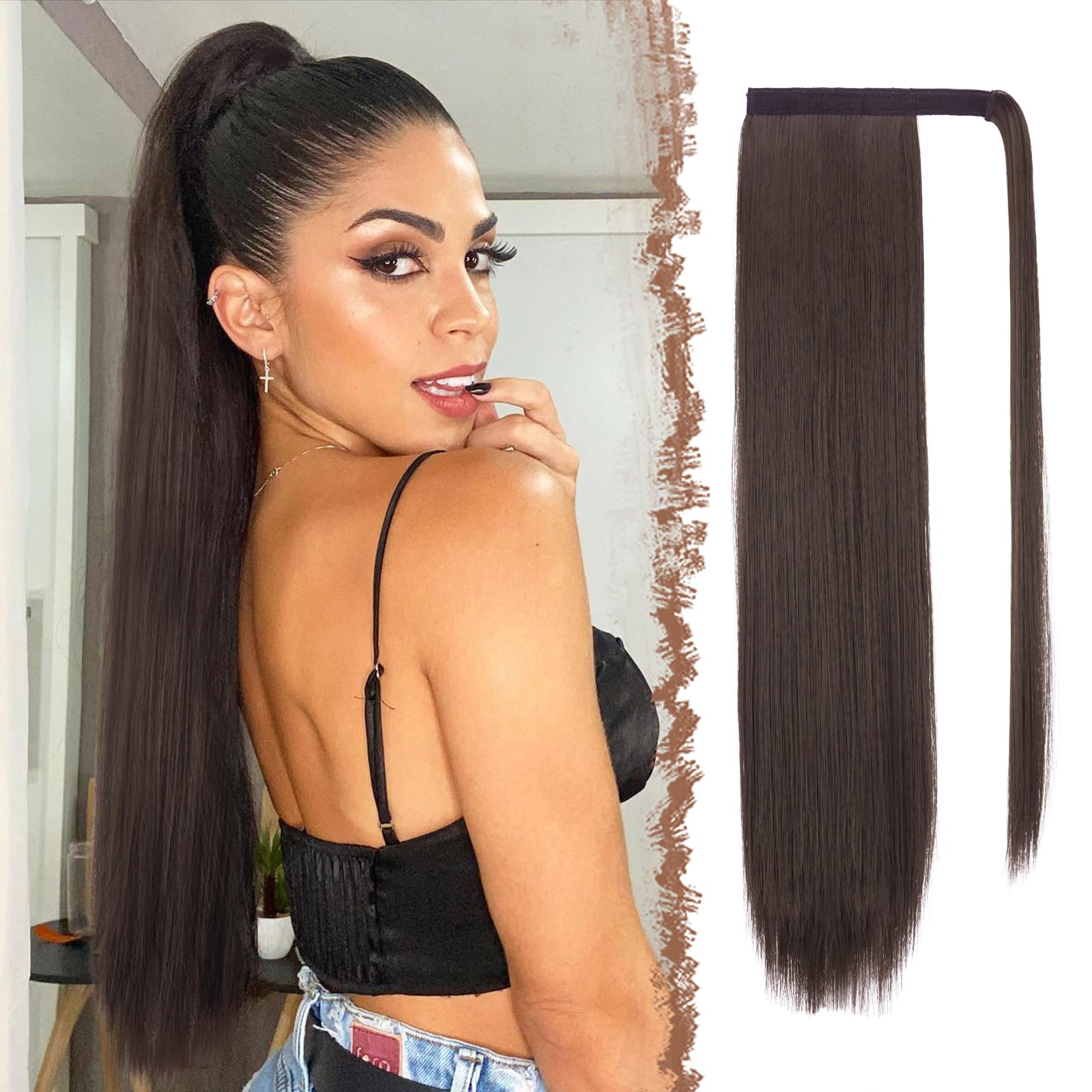 Feshfen Straight Long Ponytail Extensions 24 Inch Brown Wrap Around Synthetic Ponytails Hair Piece Pony Tail Hair Extensions Hai