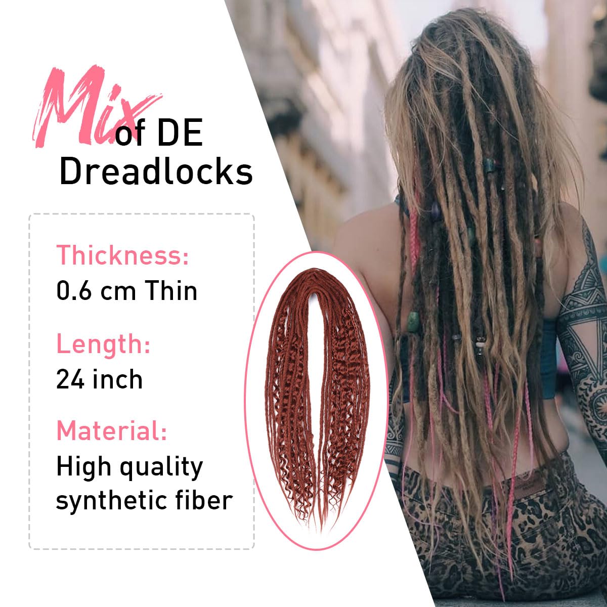 Kraler 24 Inch Mixed De Dreadlock Extensions Sets, 3 In 1 20 Strands Synthetic Double Ended Dreads Extensions, Copper Red Hippie