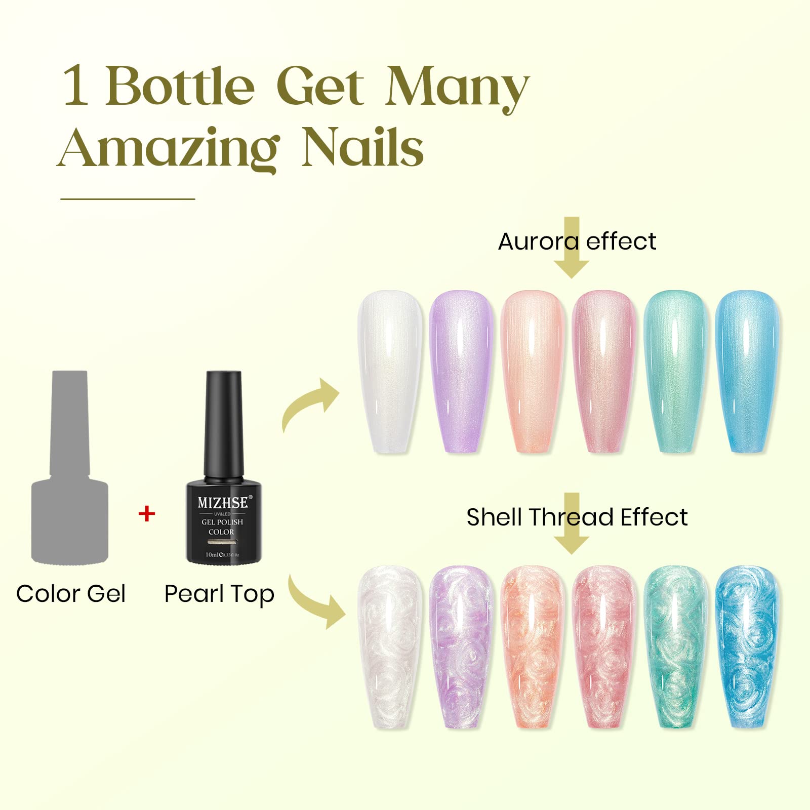 MIZHSE Pearl Top Coat Gel Nail Polish, Mermaid Glitter Nail Gel Polish Shiny Shell Thread Drawing Soak Off UV LED Nail Gel for N