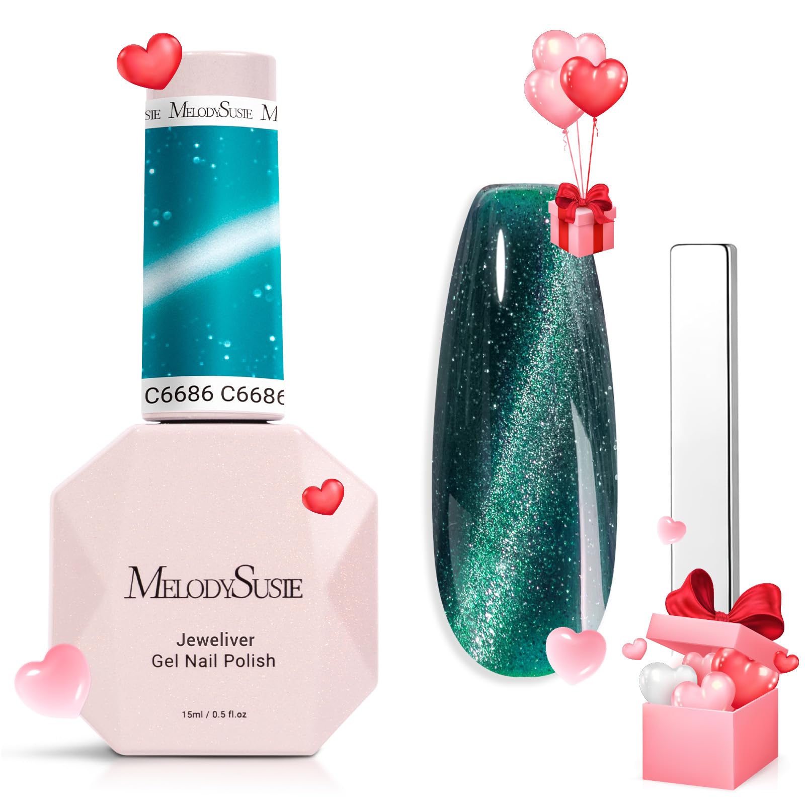Melodysusie Jeweliver Cat Eye Gel Nail Polish, 0.5 Fl Oz Green Glitter Holographic Magnetic Nail Polish With Magnet, Uv Nail Pol