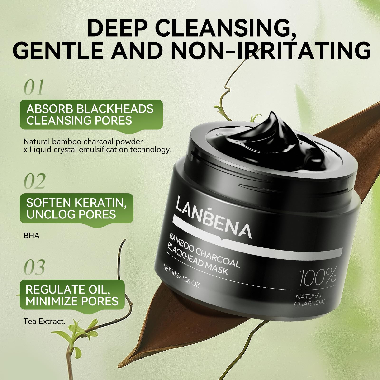 Lanbena Upgraded 2.0 Bamboo Charcoal Blackhead Remover Mask - 60 Nose Strips, Peel Off & Purify Pores, Deep Cleanse For All Skin