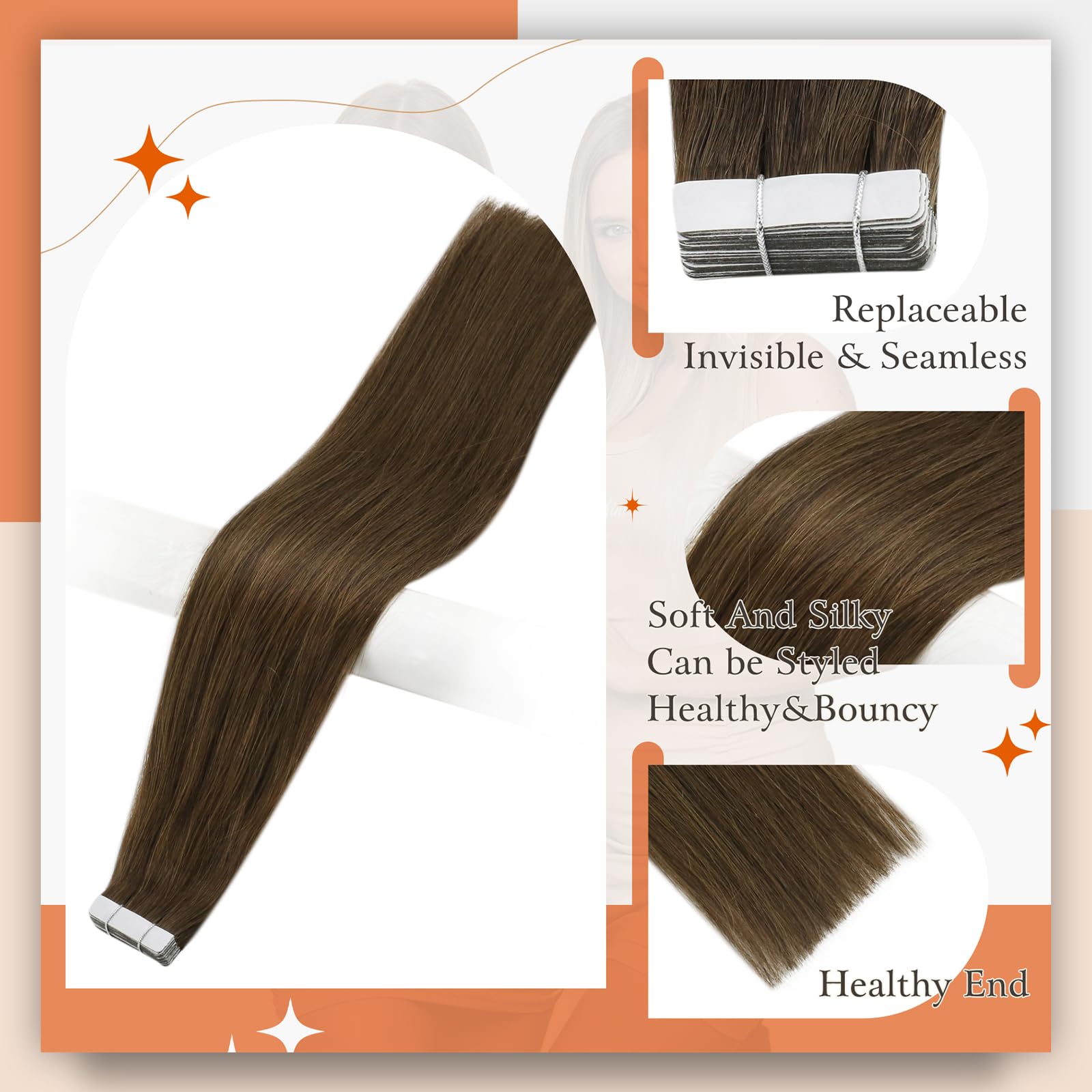 Full Shine 16 Inch Tape In Human Hair Extensions Medium Brown Color 4 Skin Weft Double Side 50 Gram Seamless Skin Weft Straight