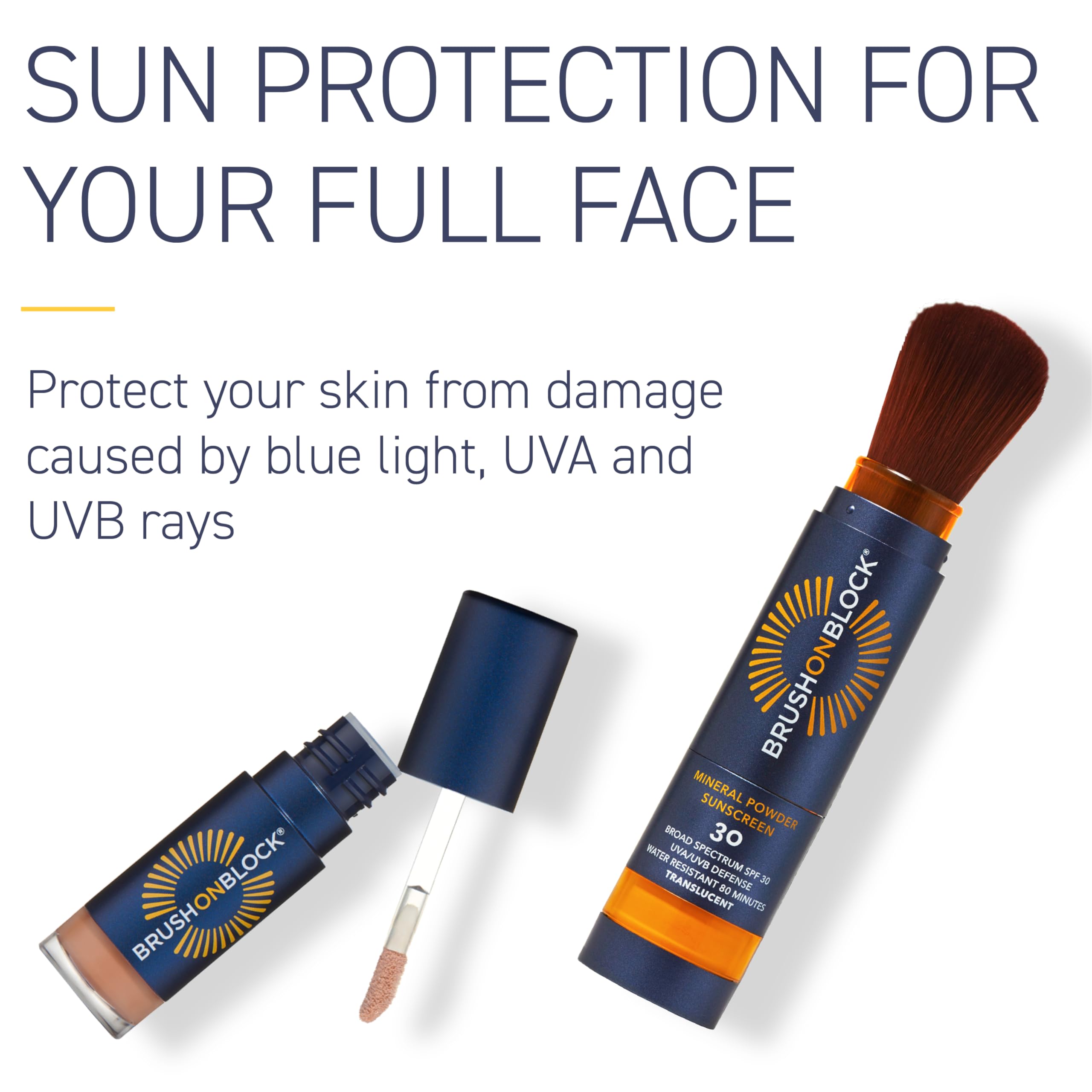 Brush On Block Full Face Sun Protection Kit, Translucent Mineral Powdered Sunscreen & Protective Lip Oil Spf 30, Reef Friendly,