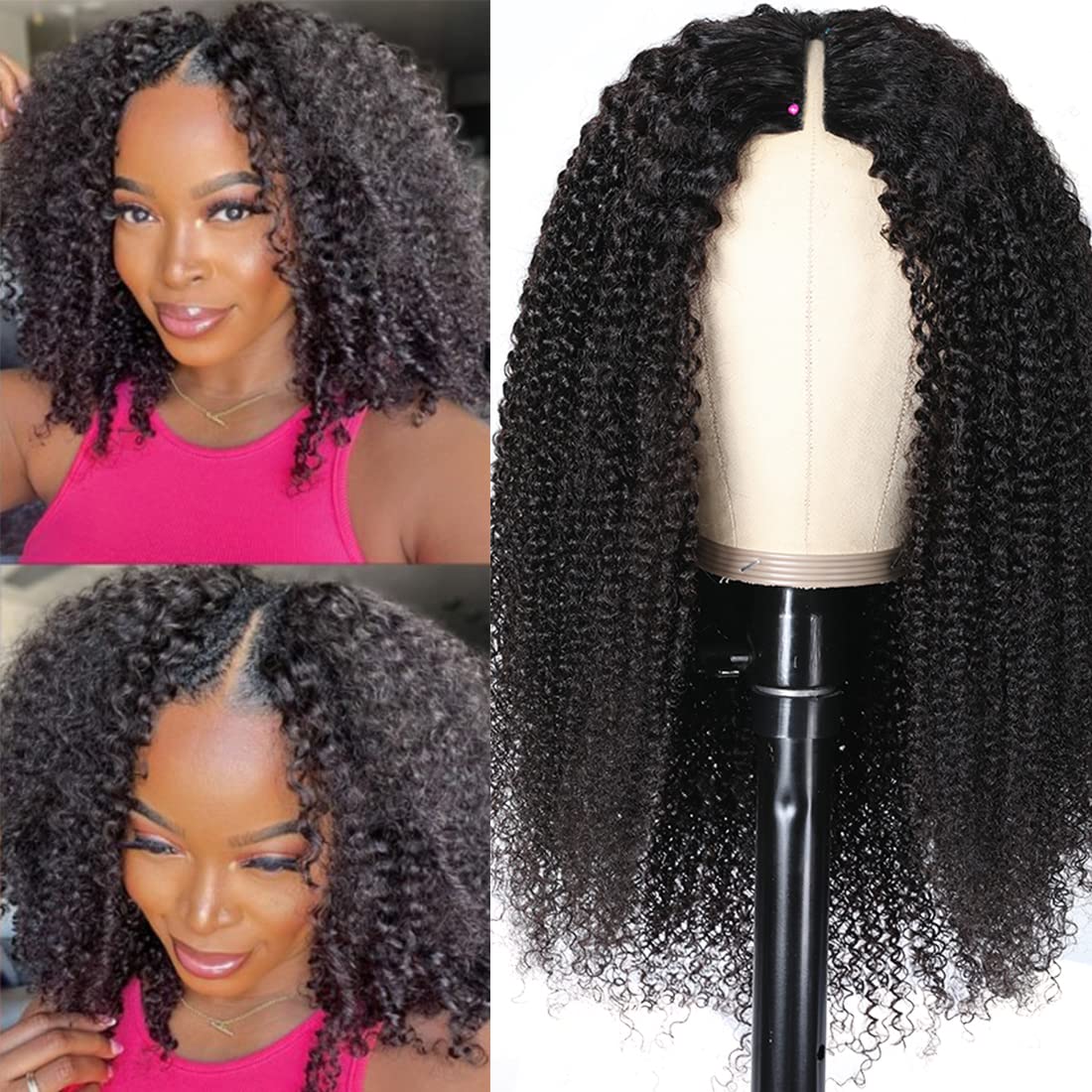 Nadula Kinky Curly V Part Wig 16 Inch Human Hair Glueless 150% Density for Women