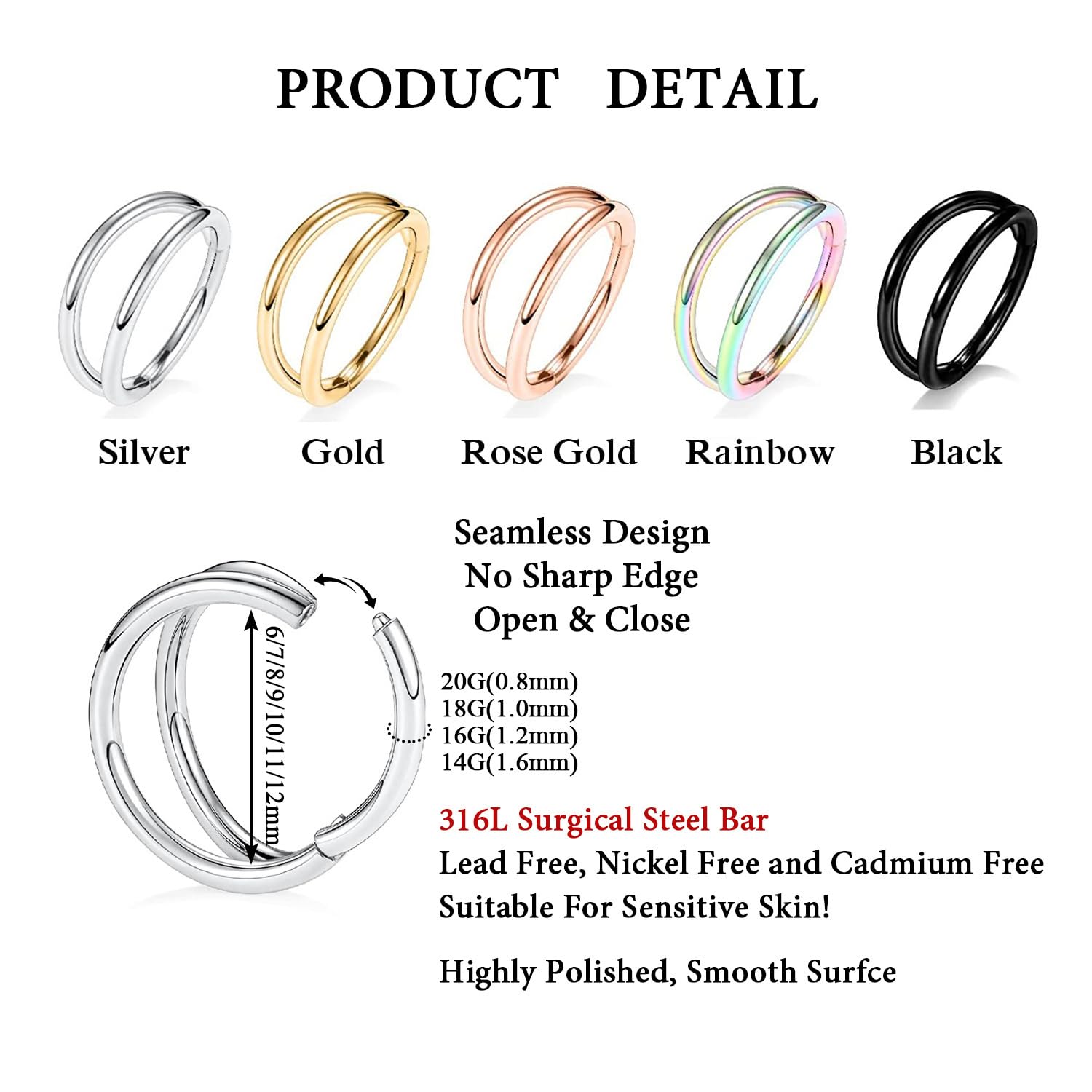 FUNLMO Tragus Helix Conch Rook Daith Piercing Jewelry Double Hoop Nose Ring Septum Ring Nose Ring Cartilage Hoop Earring 316L Su