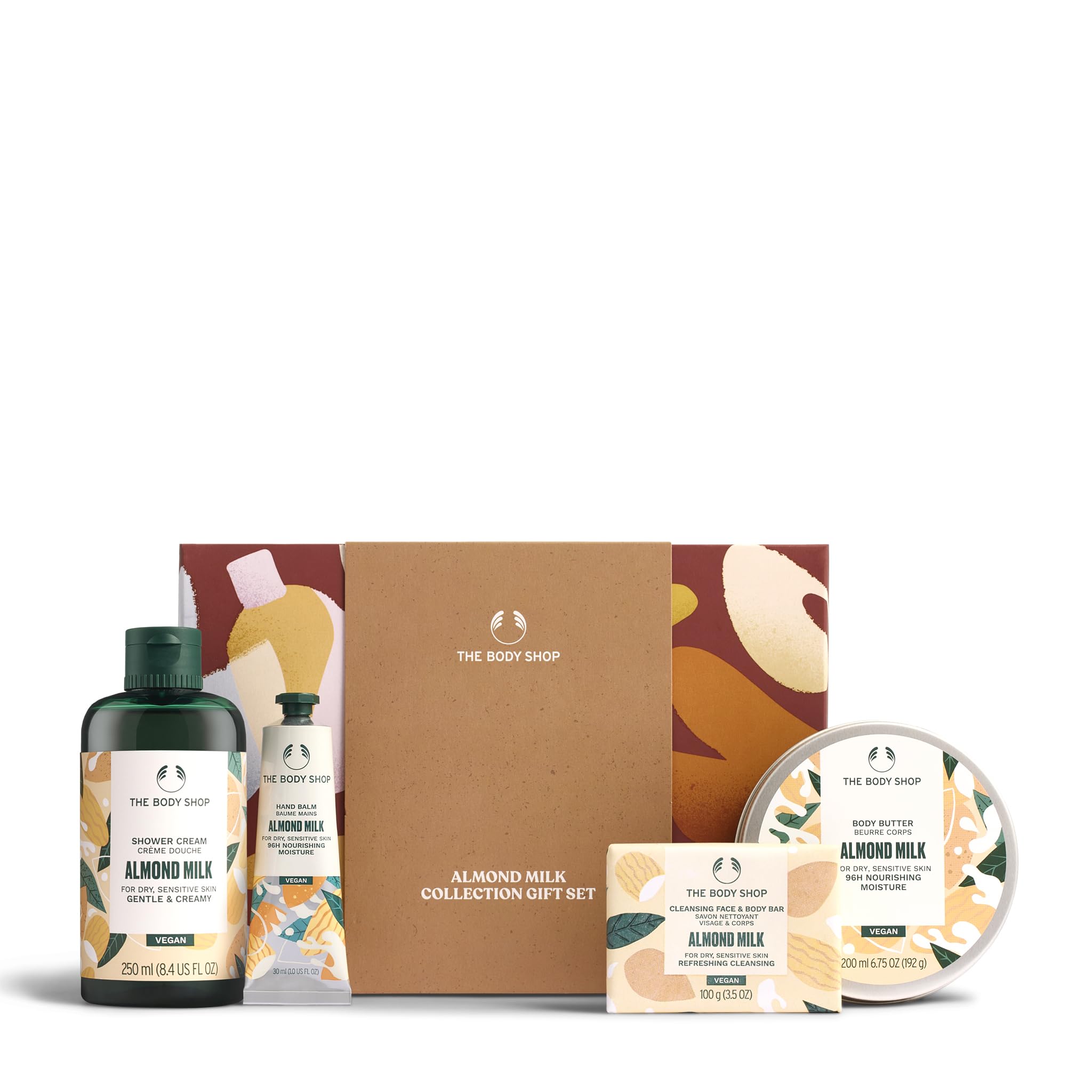 The Body Shop Almond Milk Collection Gift Set  4 Piece Set, Shower Cream, Body Butter, Bar Soap, Hand Balm, Vegan