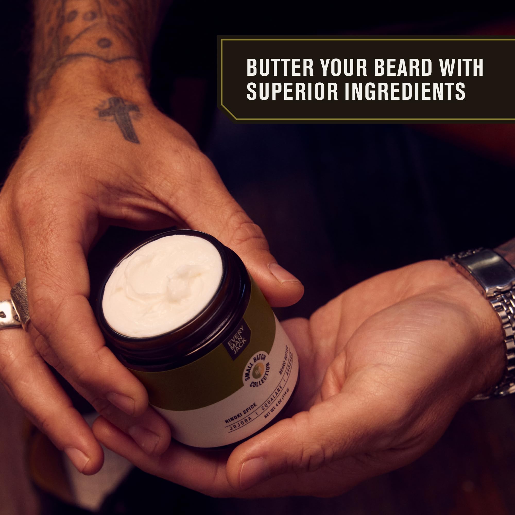 Every Man Jack Small Batch Beard Butter- Hinoki Spice Fragrance - Rejuvenates, Hydrates, And Styles Dry, Unruly Beards While Rel