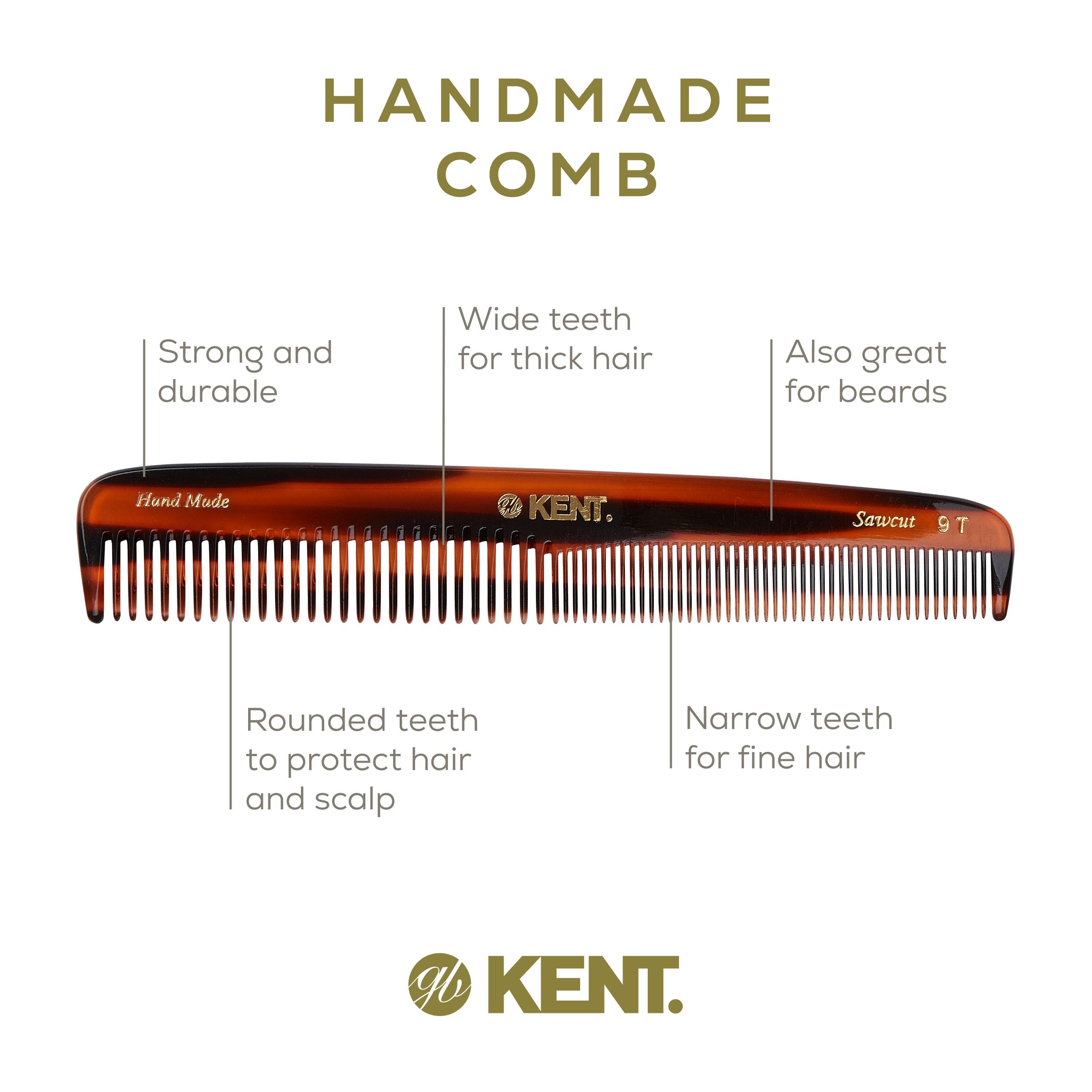 Kent 9T Tortoiseshell Fine Tooth And Wide Tooth Comb Detangler Hair Combs - Large Handmade And Saw-Cut Dressing Comb - Wet Hair