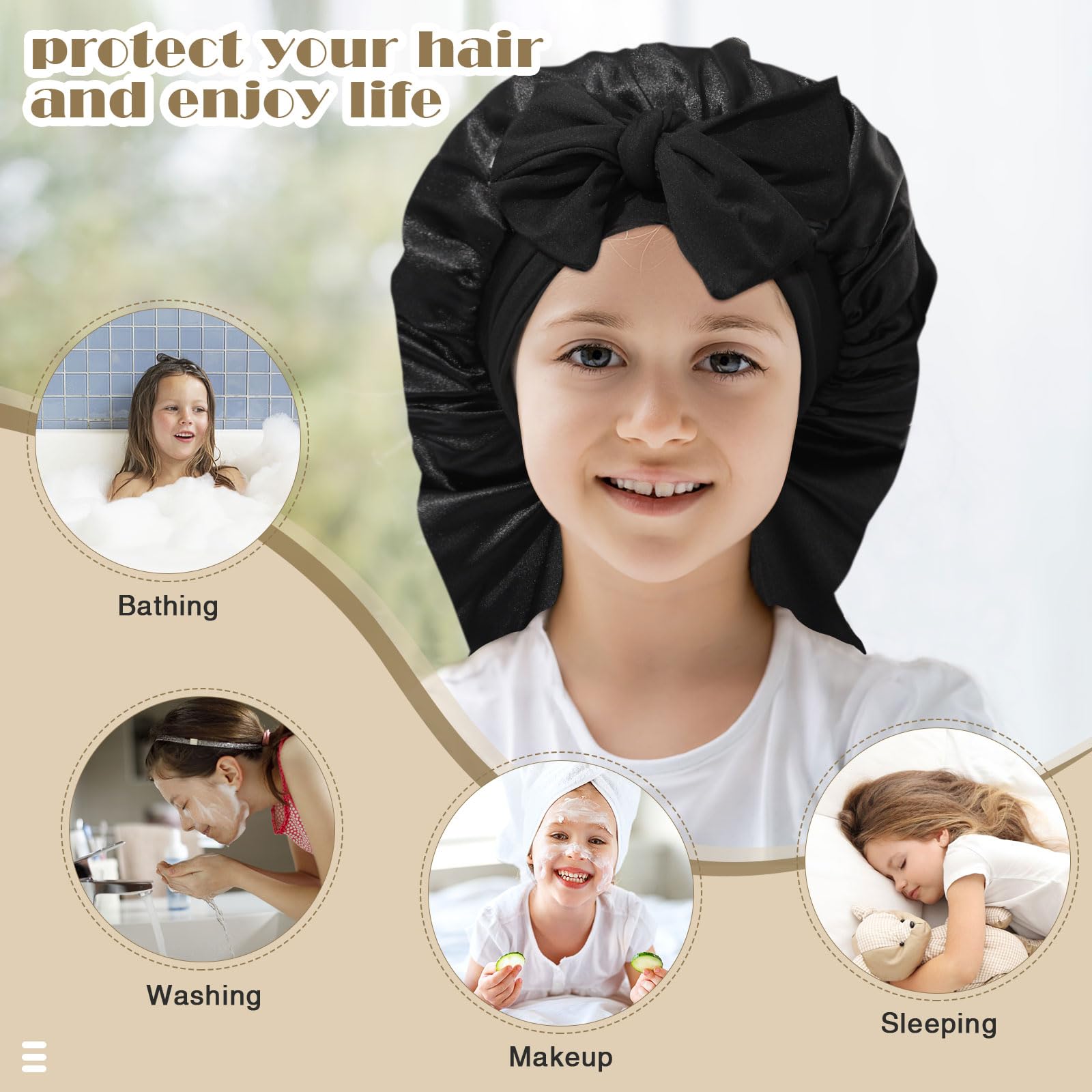 Kids Long Hair Bonnet For Sleeping - Double Layer Girls Elastic Satin Bonnet With Tie Band For Braid Curly Hair (Black+Purple)