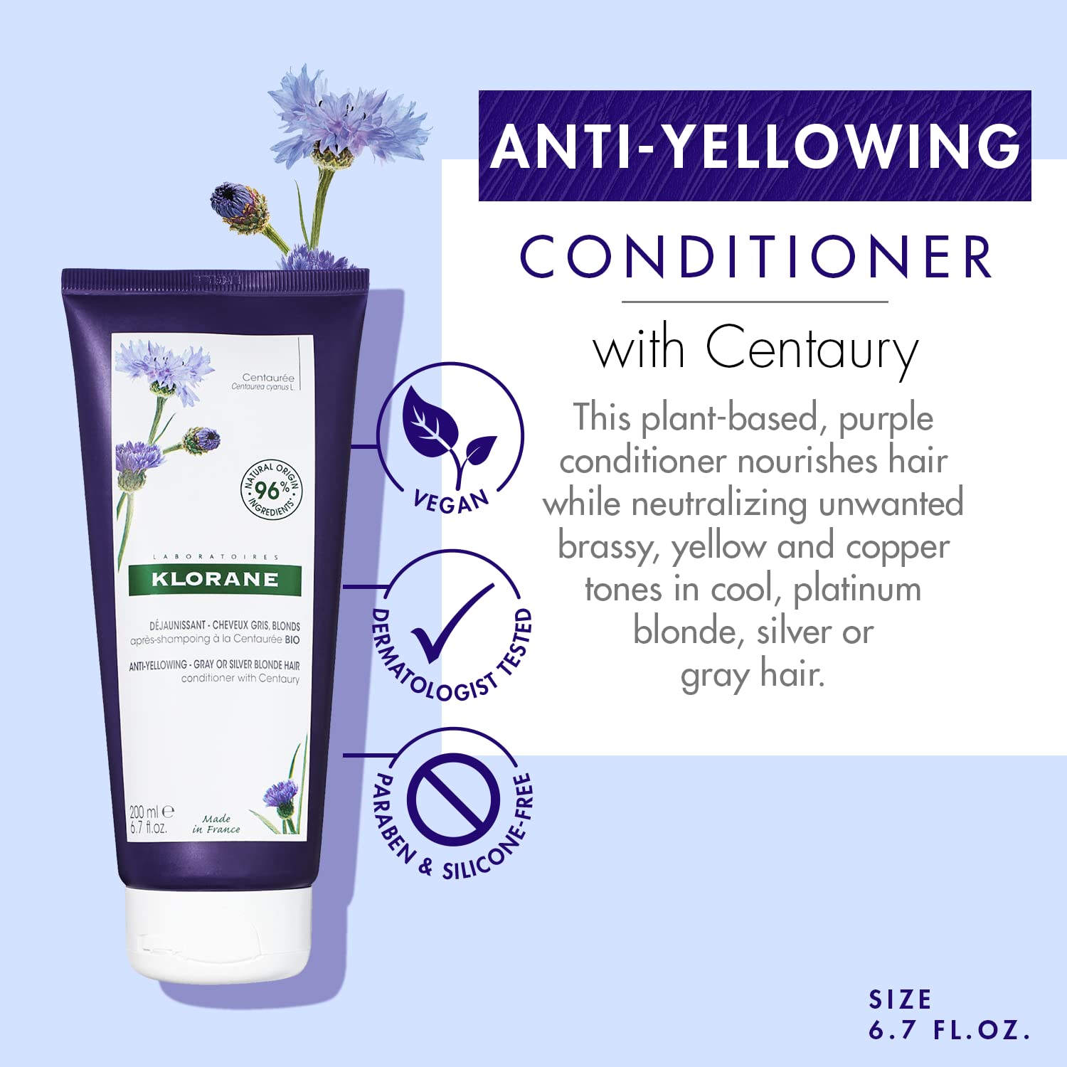 Klorane Plant-Based Purple Conditioner with Centaury, Brightens Blonde, Platinum, Silver, Gray or White Hair, Neutralizes Unwant