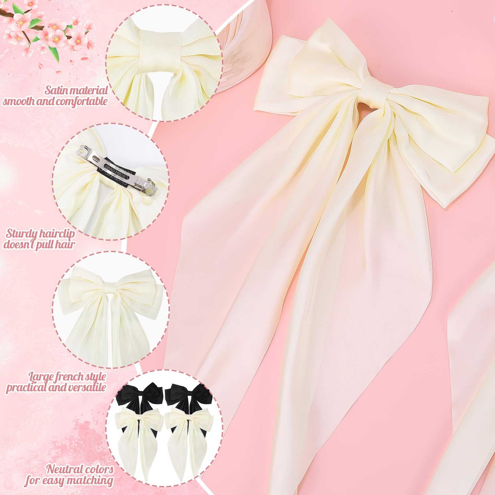 4Pcs Large Hair Bows, Satin Hair Bows For Women Hair Ribbons Oversized Long Tail Bowknot Clips Big Bows For Teen Girl Gifts Tren