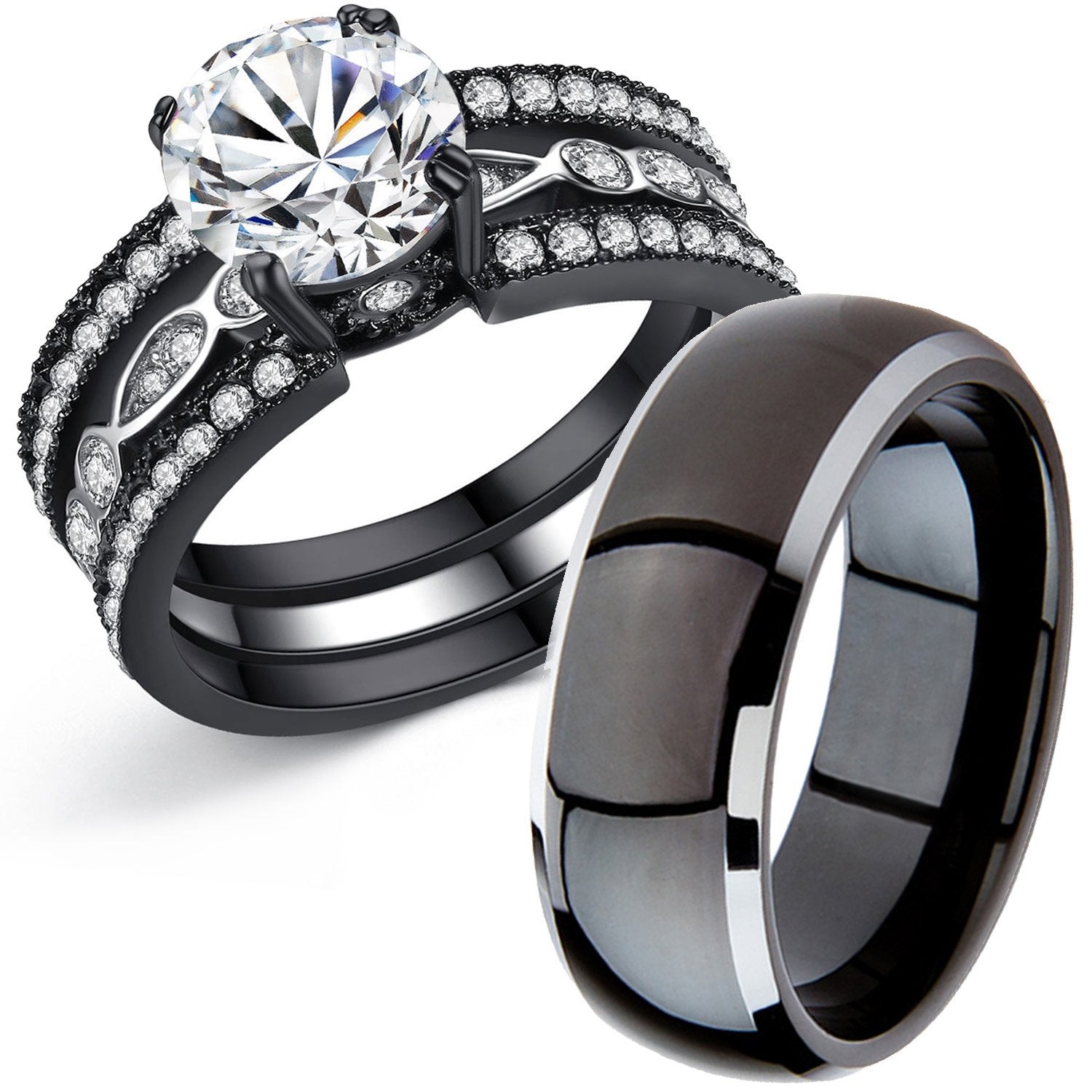 MABELLA Couple Rings Black Mens Titanium Matching Band Women CZ Stainless Steel Engagement Wedding Sets Size Women 7 Men 10