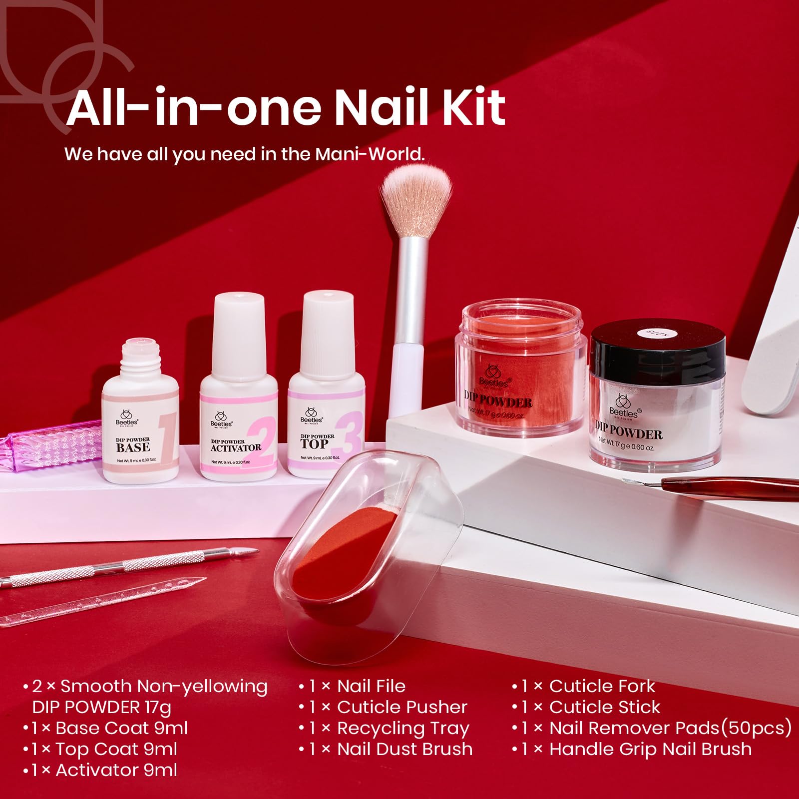Beetles Dip Powder Nail Kit Starter, Clear Red Dipping Powder Liquid Set With Base/Top Coat Activator Manicure Tools For French