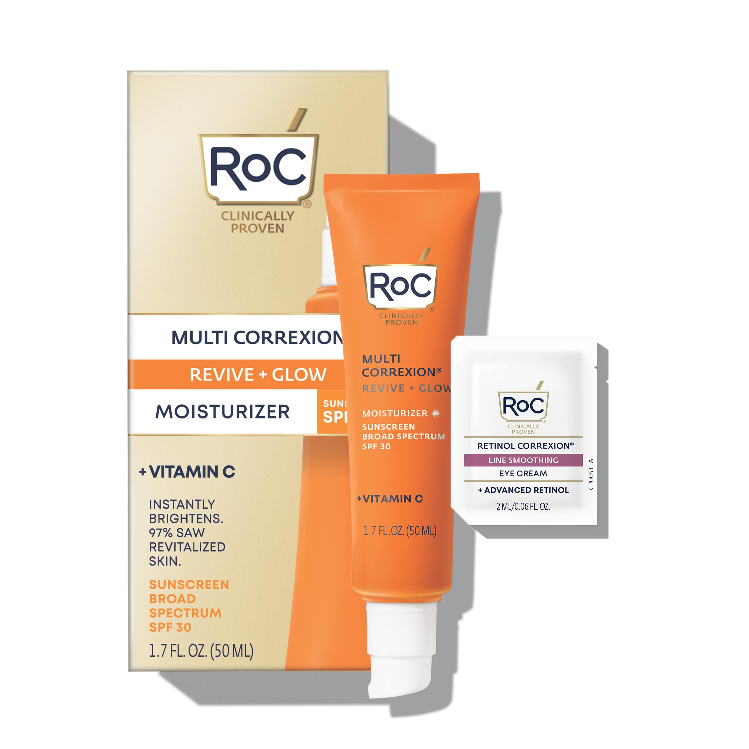 Roc Multi Correxion Revive + Glow Vitamin C Broad Spectrum Spf 30 Moisturizer (1.7 Oz) With Retinol Eye Cream Packette