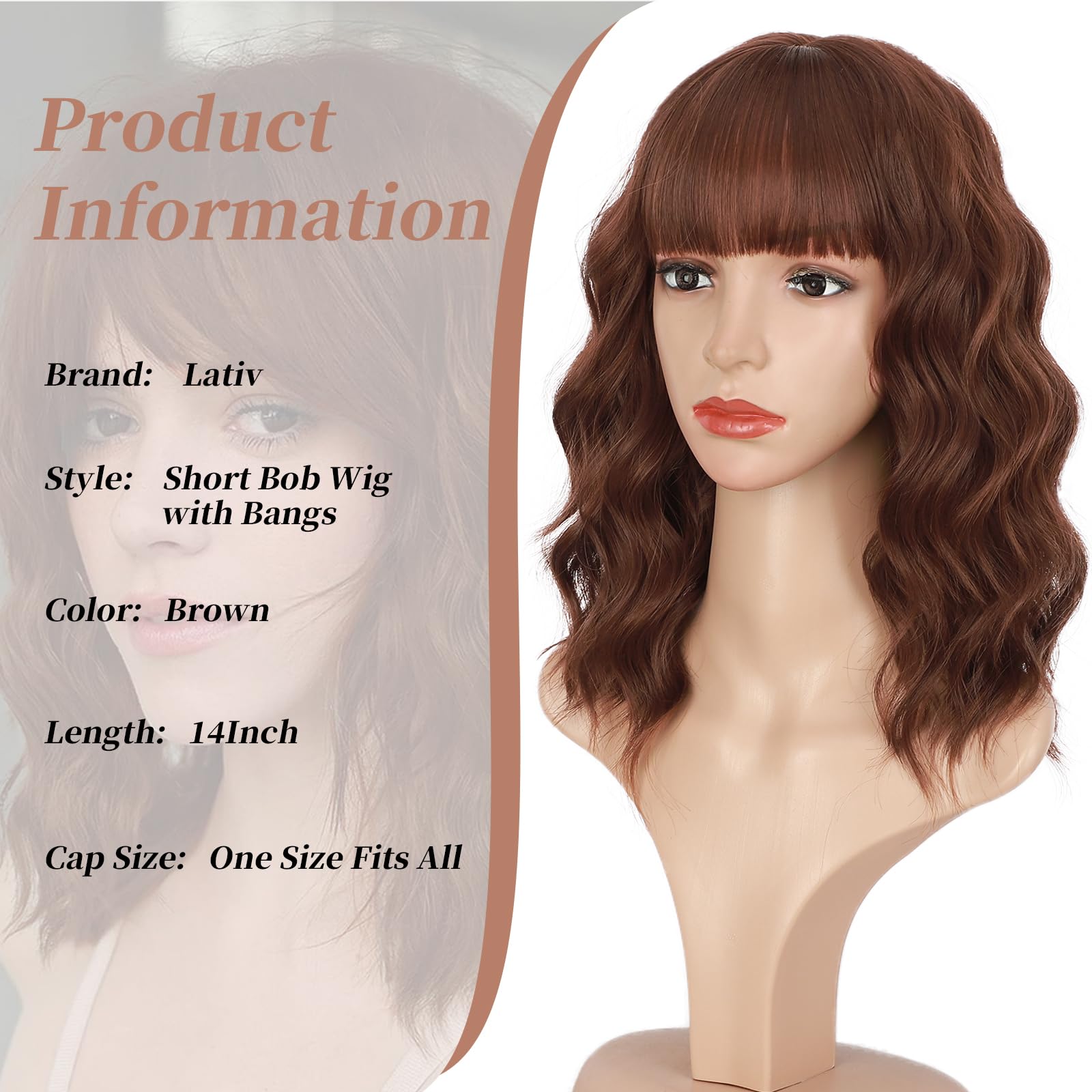 Lativ Brown Wig With Bangs Short Wavy Wigs For Women Shoulder Length Curly Bob Wigs Heat Resistant Synthetic Wigs For Halloween