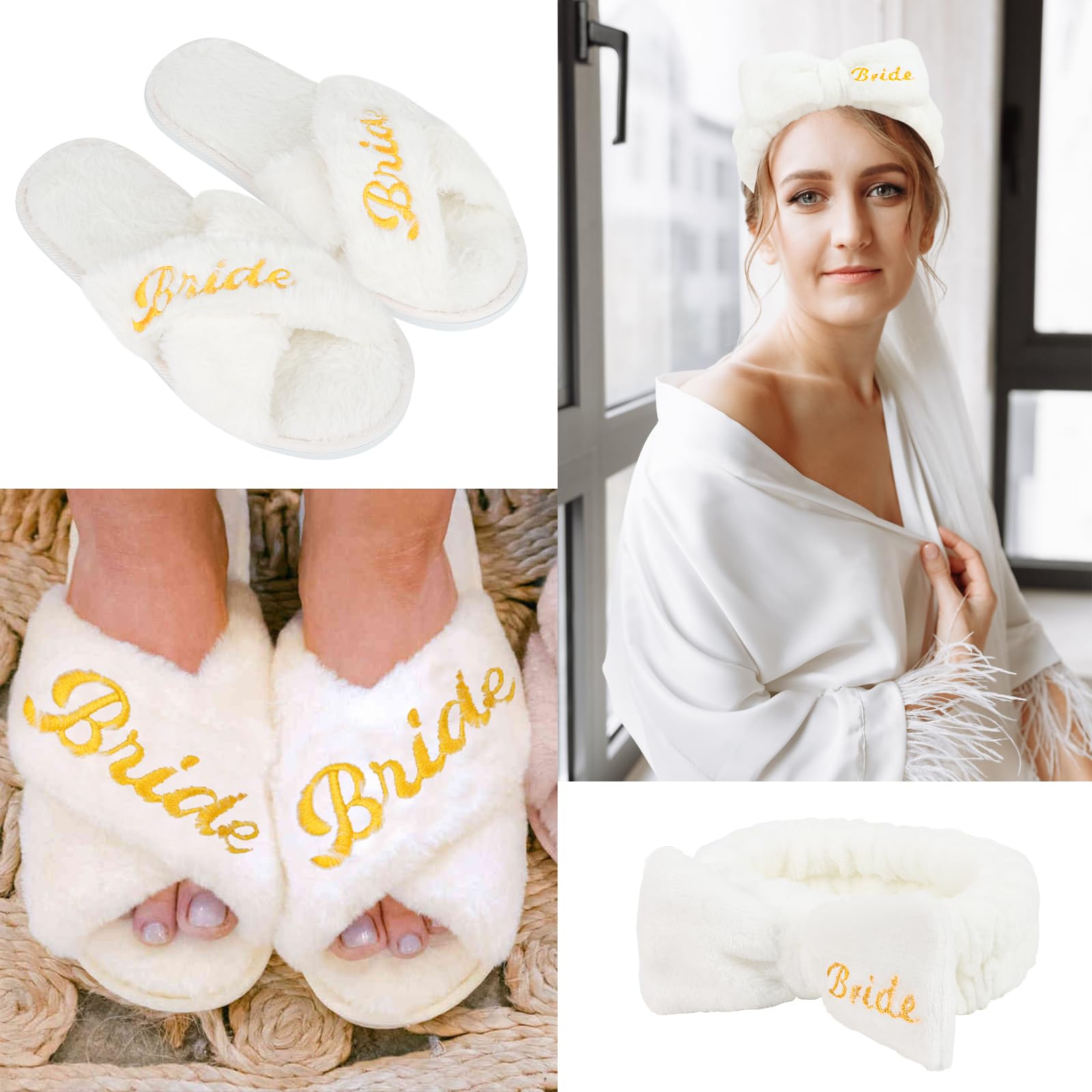 CIEHER Bride Spa Headband & Bride Slippers Set, Bride to Be Slippers Bride Gifts for Bachelorette Party Favors Bridal Shower Dec
