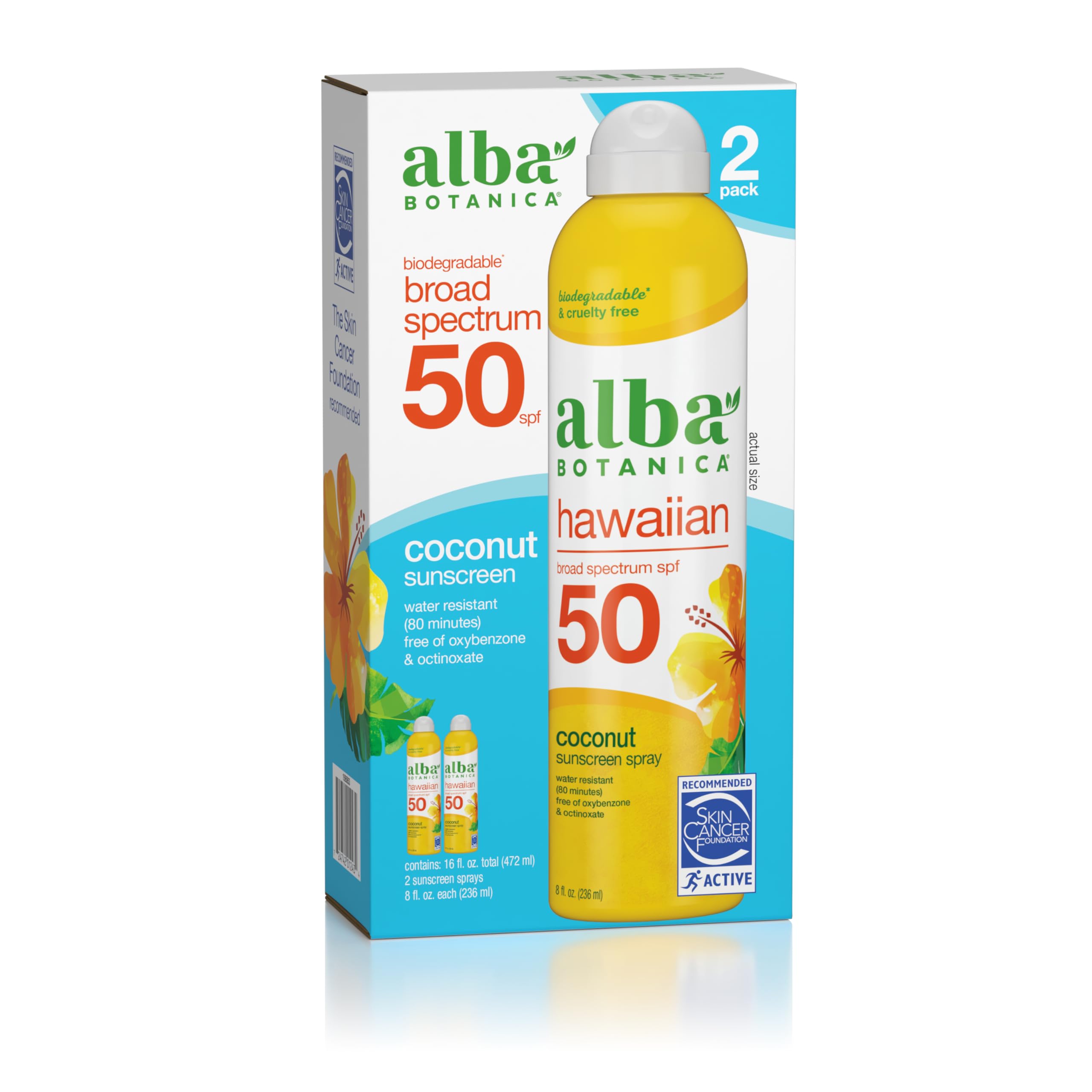 Alba Botanica Hawaiian Coconut Sunscreen, Spray Broad Spectrum Spf 50 Sunscreen, Water Resistant And Biodegradable 8 Fl Oz Bottl