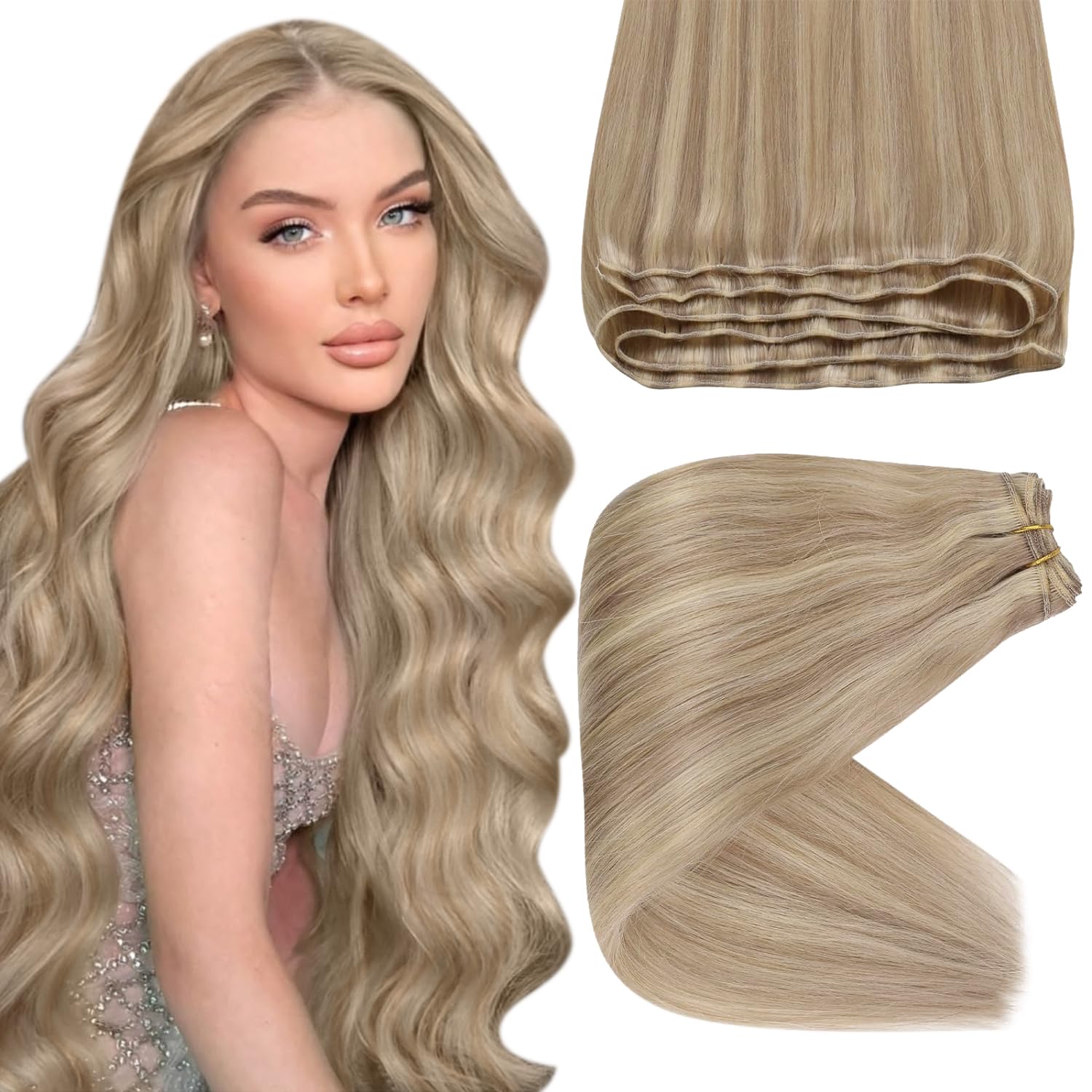 Sunny 120g Human Hair Extensions Sew in Blonde Highlights Real Human Hair Sew in weft Extensions Dark Ash Blonde Highlighted Lig