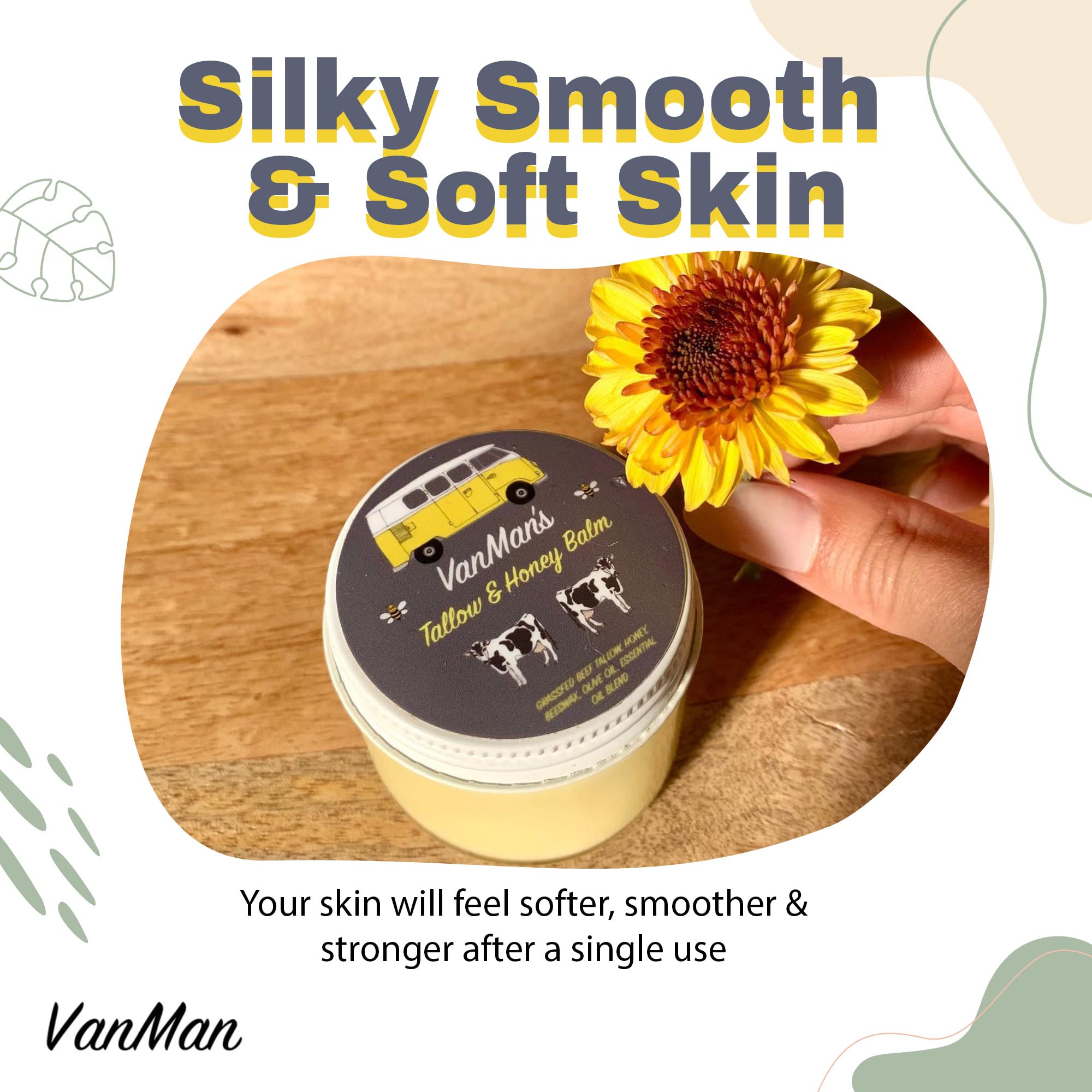 Vanmans Tallow and Honey Balm (2 oz) - 3 Pack - Beef Tallow Grass Fed Honey Balm w/Vitamins A, K, D, E, & Essential Oils - Beef