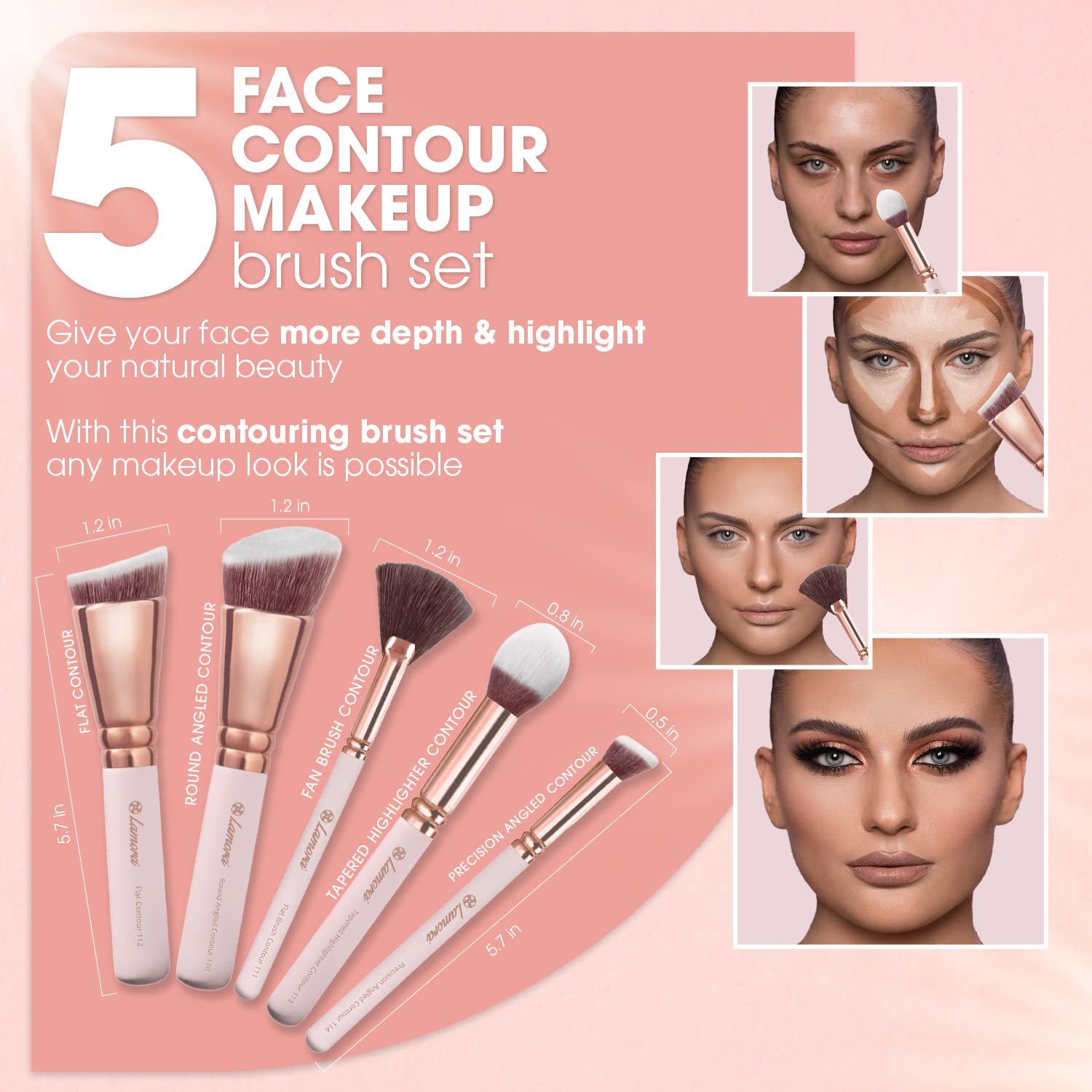 Pro Face Contour Brush Set - Synthetic Contouring Sculpting And Highlighting Kit - Cream Blush Powder Flat Nose Cheek Round Smal