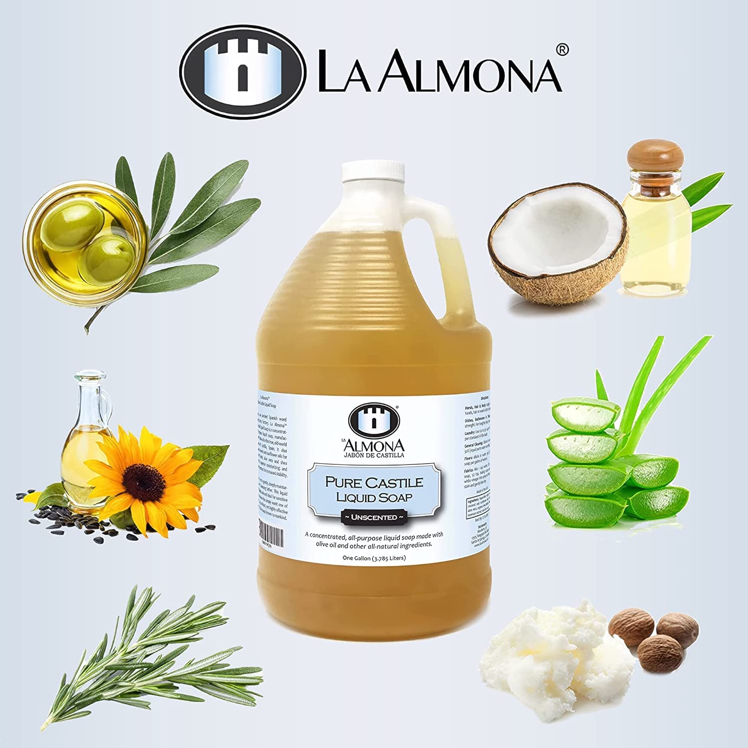 La Almona - Pure Castile Liquid Soap, Unscented, 2 Gallons - Multipurpose: Hands, Face, Body, Laundry, Dishes & More - For Sensi