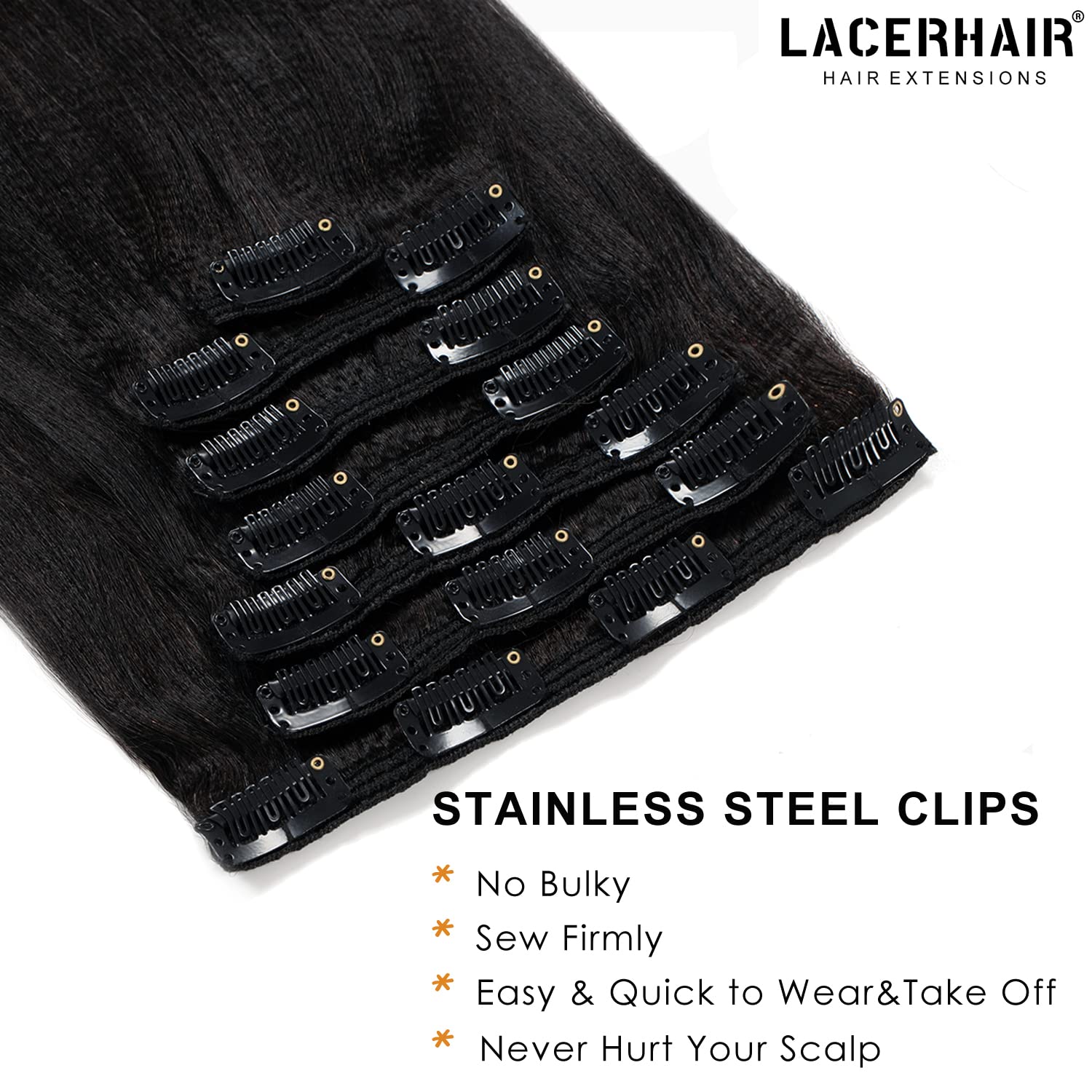 Lacer Light Yaki Clip In Hair Extensions Human Hair, 100% Virgin Remy Human Hair Extensions For African American Black Women Rel