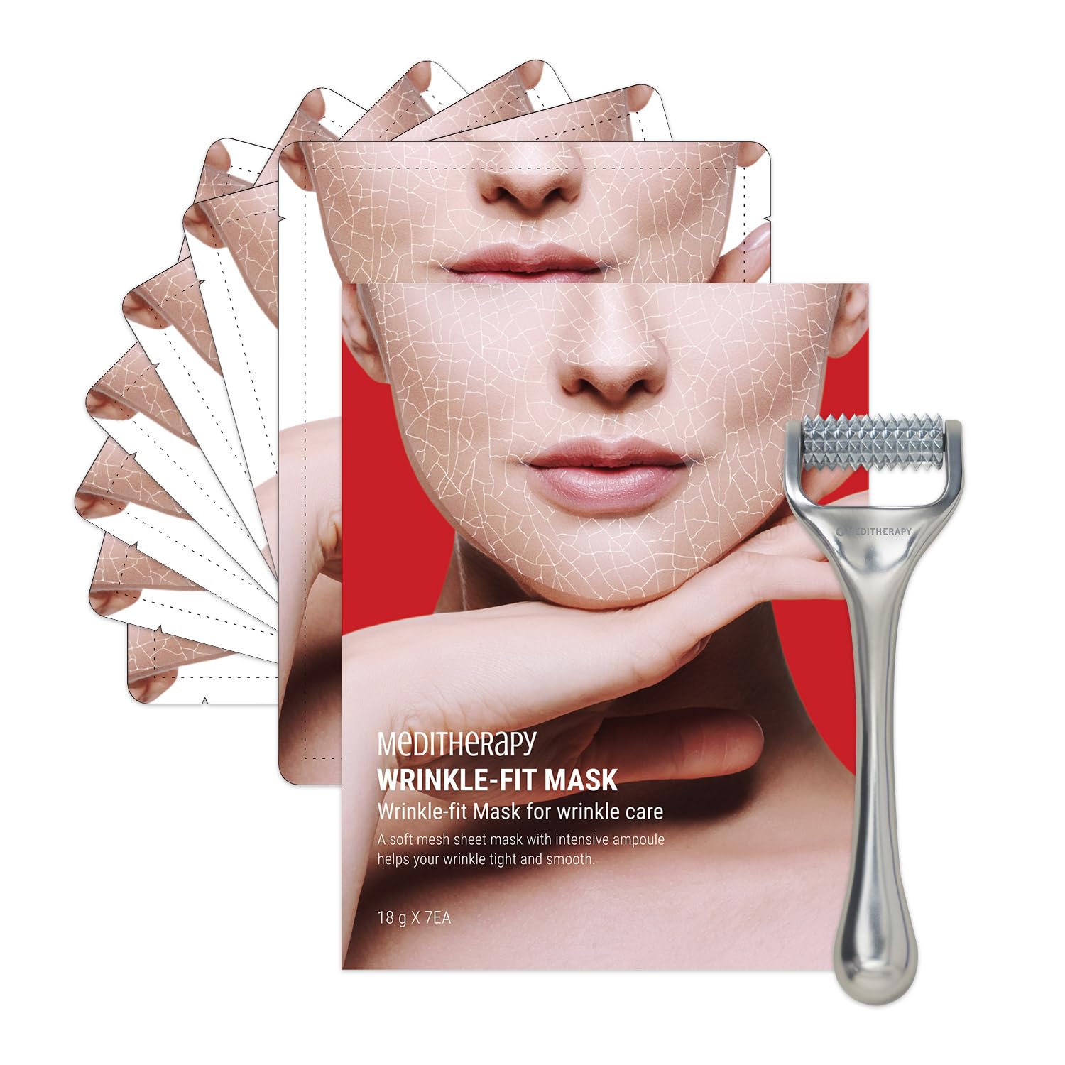 Meditherapy Wrinkle Fit Mesh Sheet Masks + Boosting Roller (Mask 7Ea + Roller 1Ea), Collagen Mask,Quick Absorption With Roller,