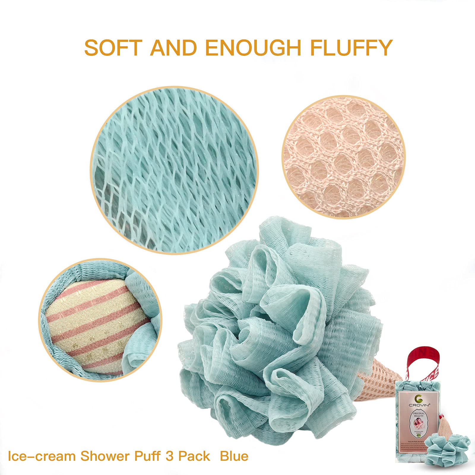 Crovin Ice Cream Shower Pouf Mesh Ball Bath Loofah Sponge, Men And Children (Blue 4 Packs) Exfoliating Body Scrubber For Body Cl