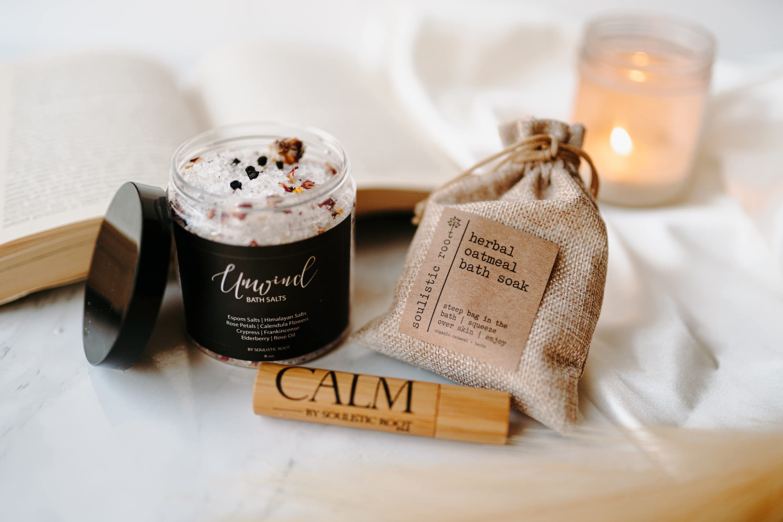 Soulistic Root Relaxing Bath Gift Set, Luxury Spa Gifts For Women, Self Care Products For Women And Men, Calm Essential Oil Roll