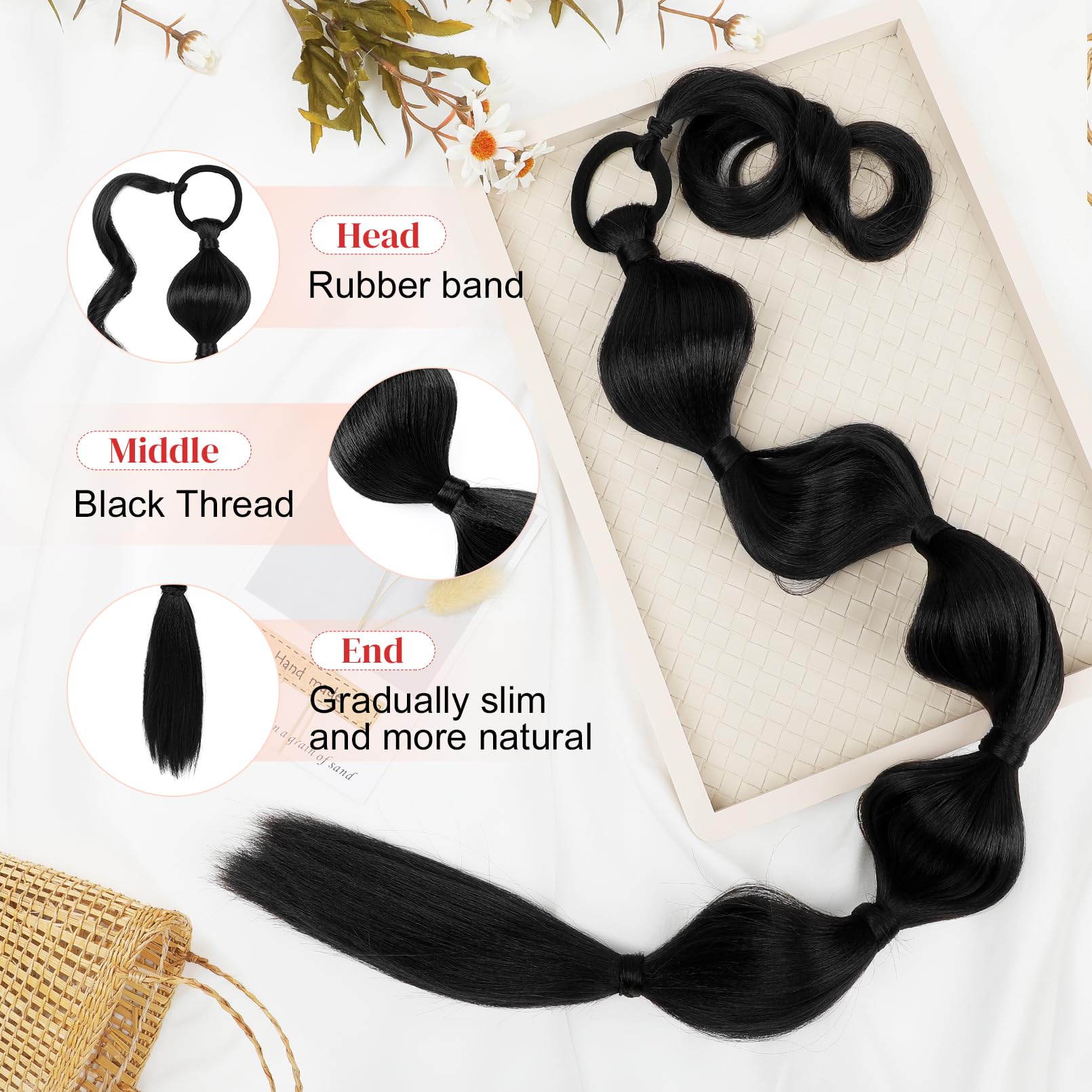 Lonai Bubble Ponytail Extension For Women,28 Inch Long Braided Wrap Around Synthetic Hair With Leather Cord, Straight Afro Puff,