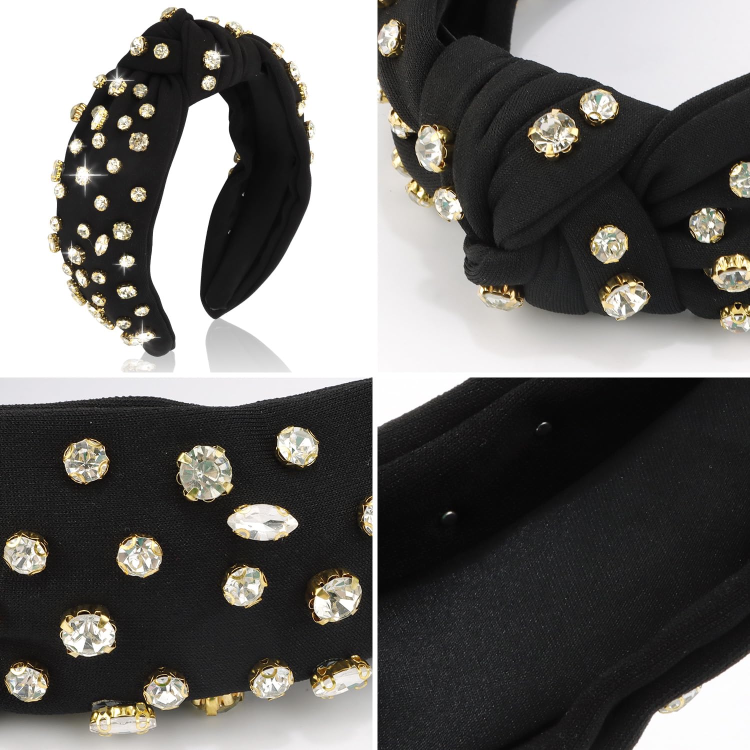 Atoden Wide Top Knot Headband, Black (Clear Rhinestones), Headband For Women'S Hair, Sparkly Embellished Headbands For Girls Gif