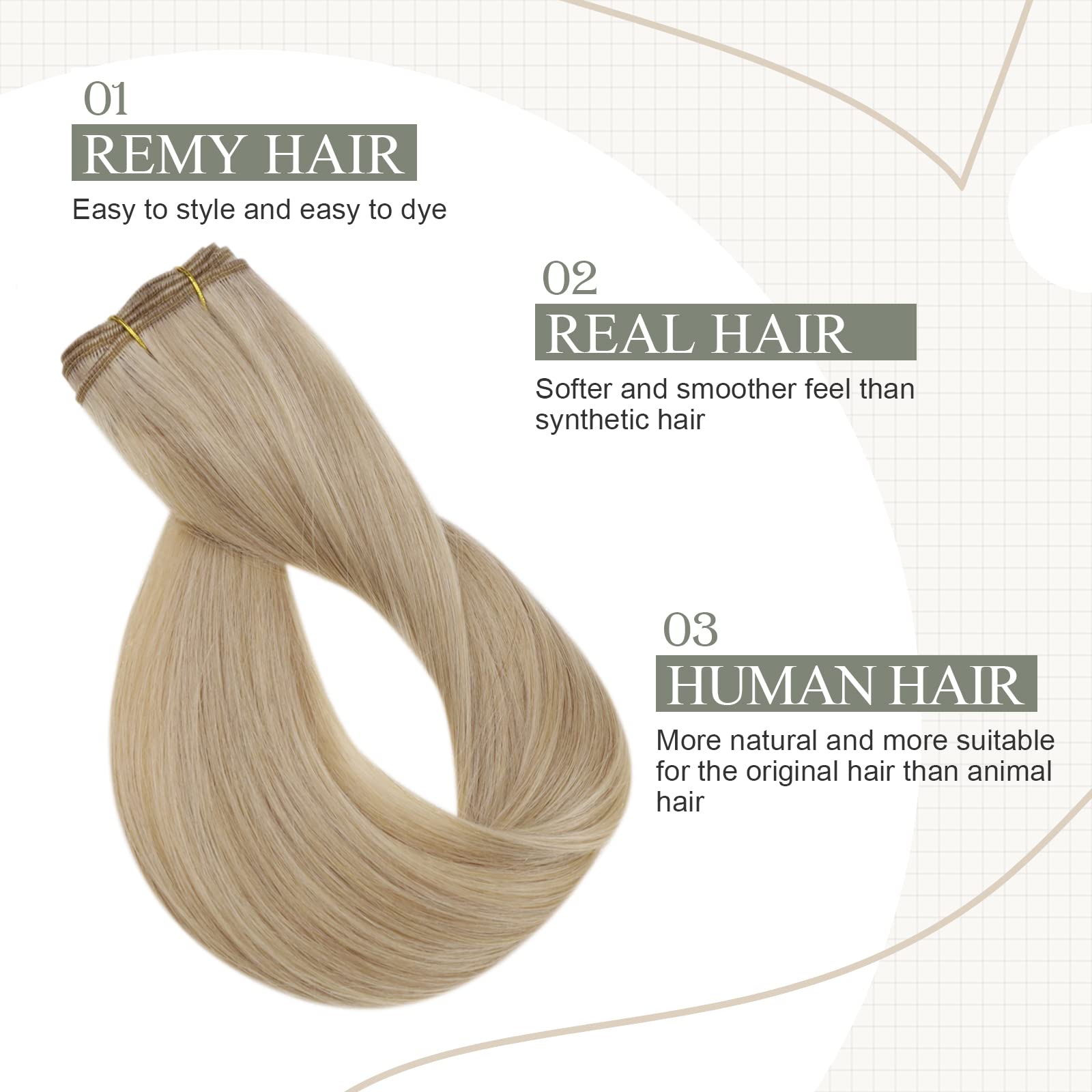 Fshine 16 Inch Blonde Weft Human Hair Extensions Sew In Dark Ash Blonde Mixed With Golden Blonde Hand Tied Weft Hair Extensions