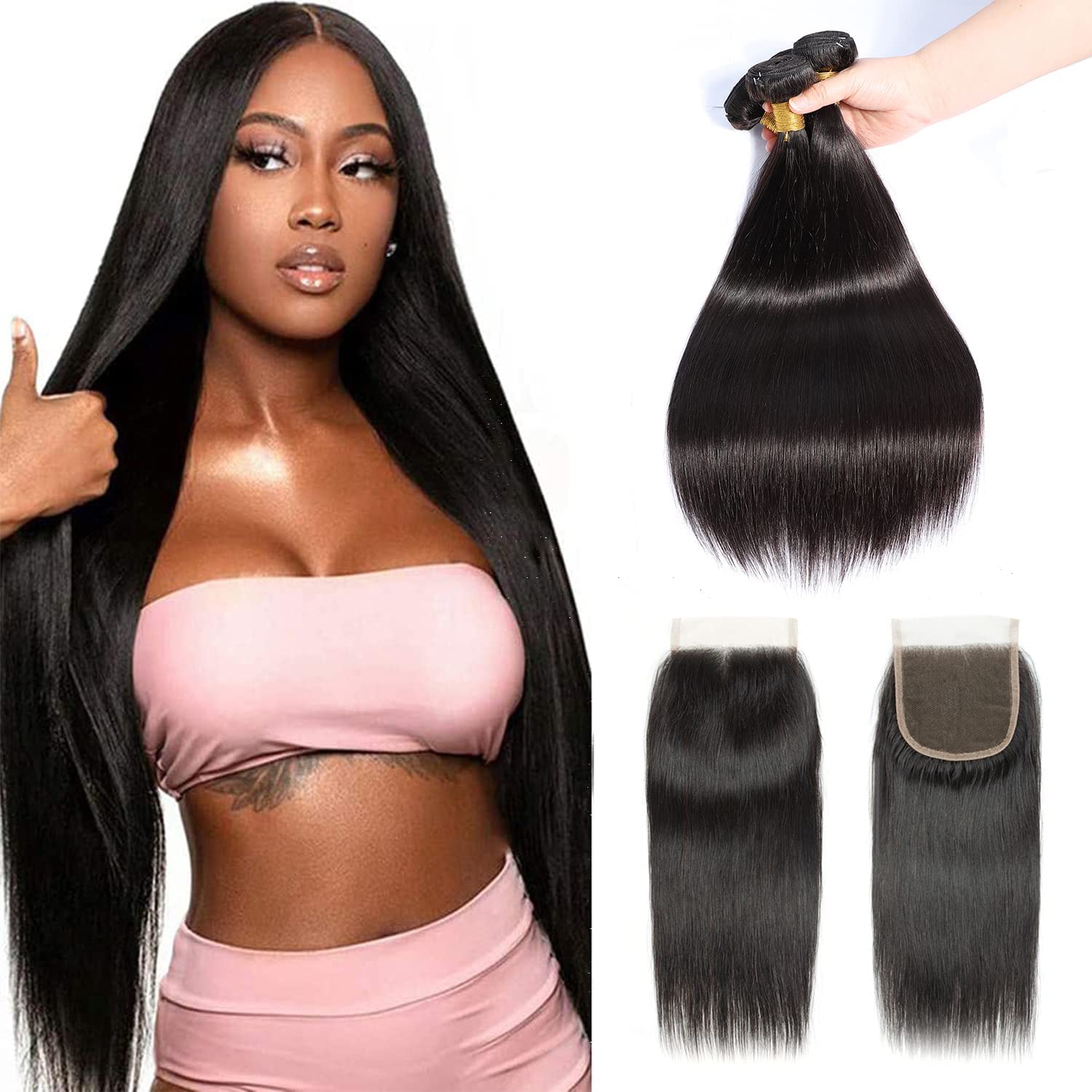 Selina Straight Bundles With Closure,3 Bundles And Closure Human Hair Straight,Free Part Closure,Unprocessed Human Hair Bundles 