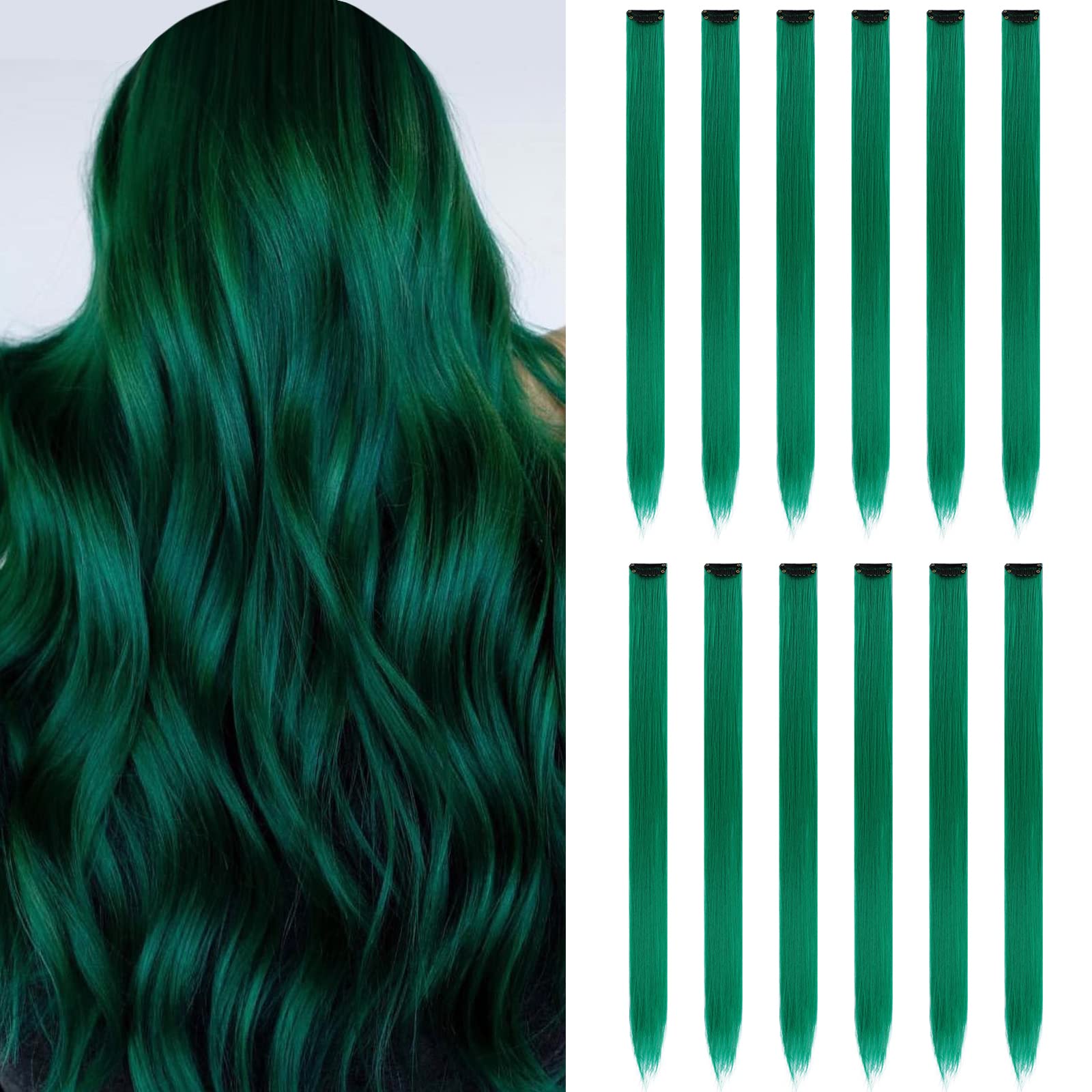 12PCS Colored Green Hair Extensions Party Highlights Colorful Clip in Hair Extensions 22 Inch Straight Synthetic Hairpieces for 