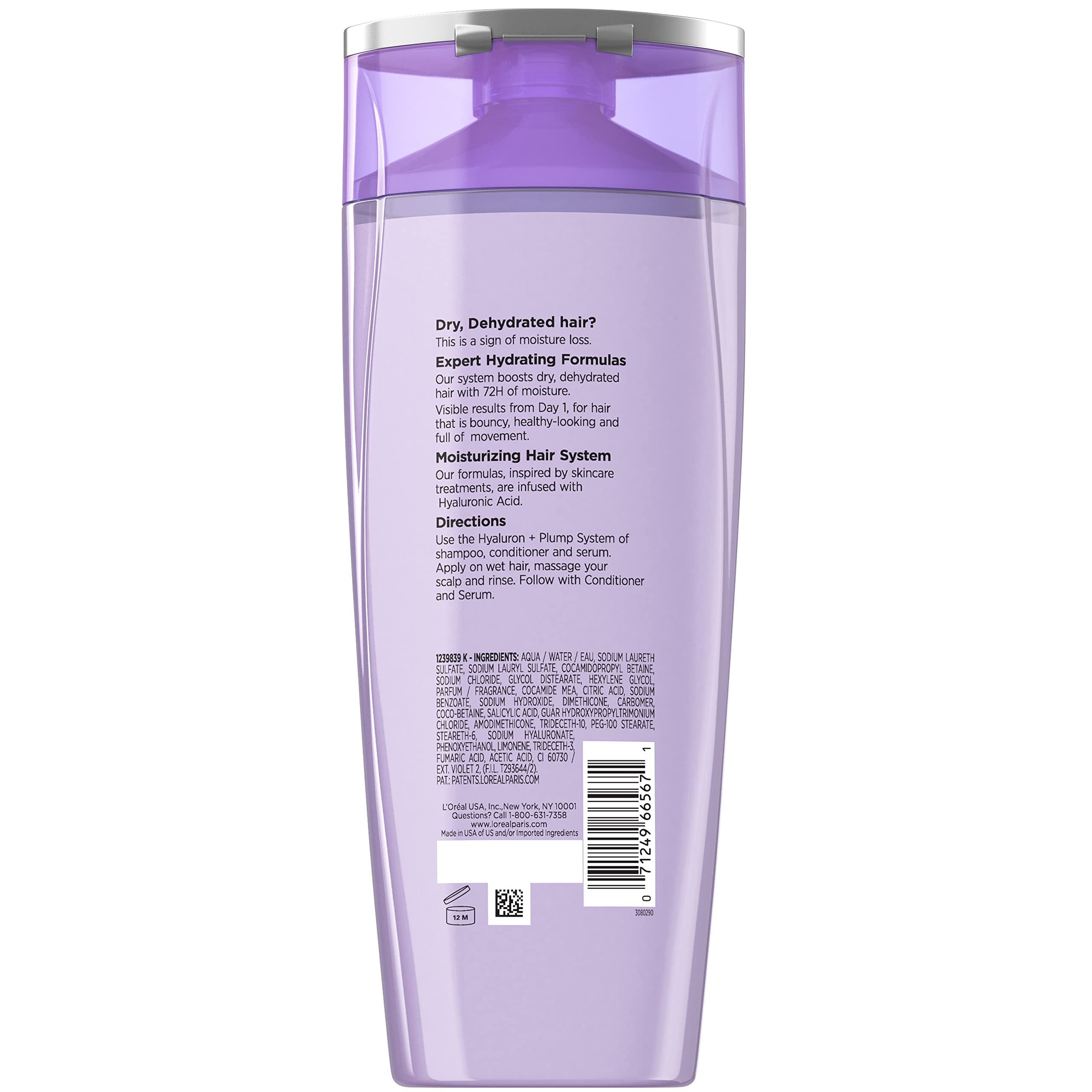 L'Oreal Paris Elvive Hyaluron Plump Hydrating Shampoo for Dehydrated, Dry Hair Infused with Hyaluronic Acid Care Complex, Parabe