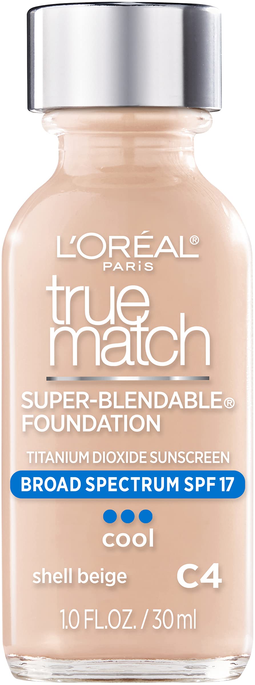 LOreal Paris Makeup True Match SuperBlendable Liquid Foundation, Shell Beige C4, 1 Fl Oz,1 Count